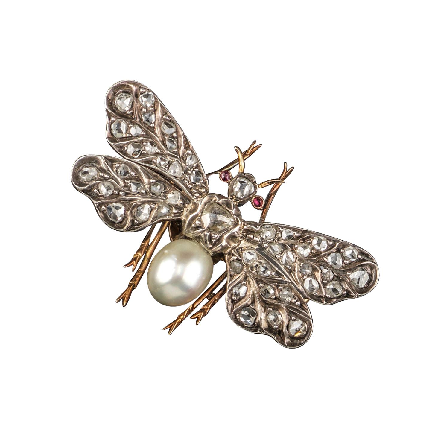 Victorian Diamond and Pearl Insect Brooch