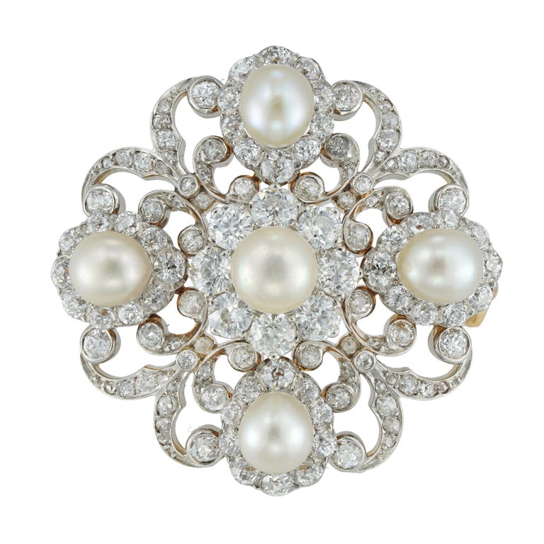A Victorian Diamond And Pearl Scroll Brooch For Sale at 1stDibs