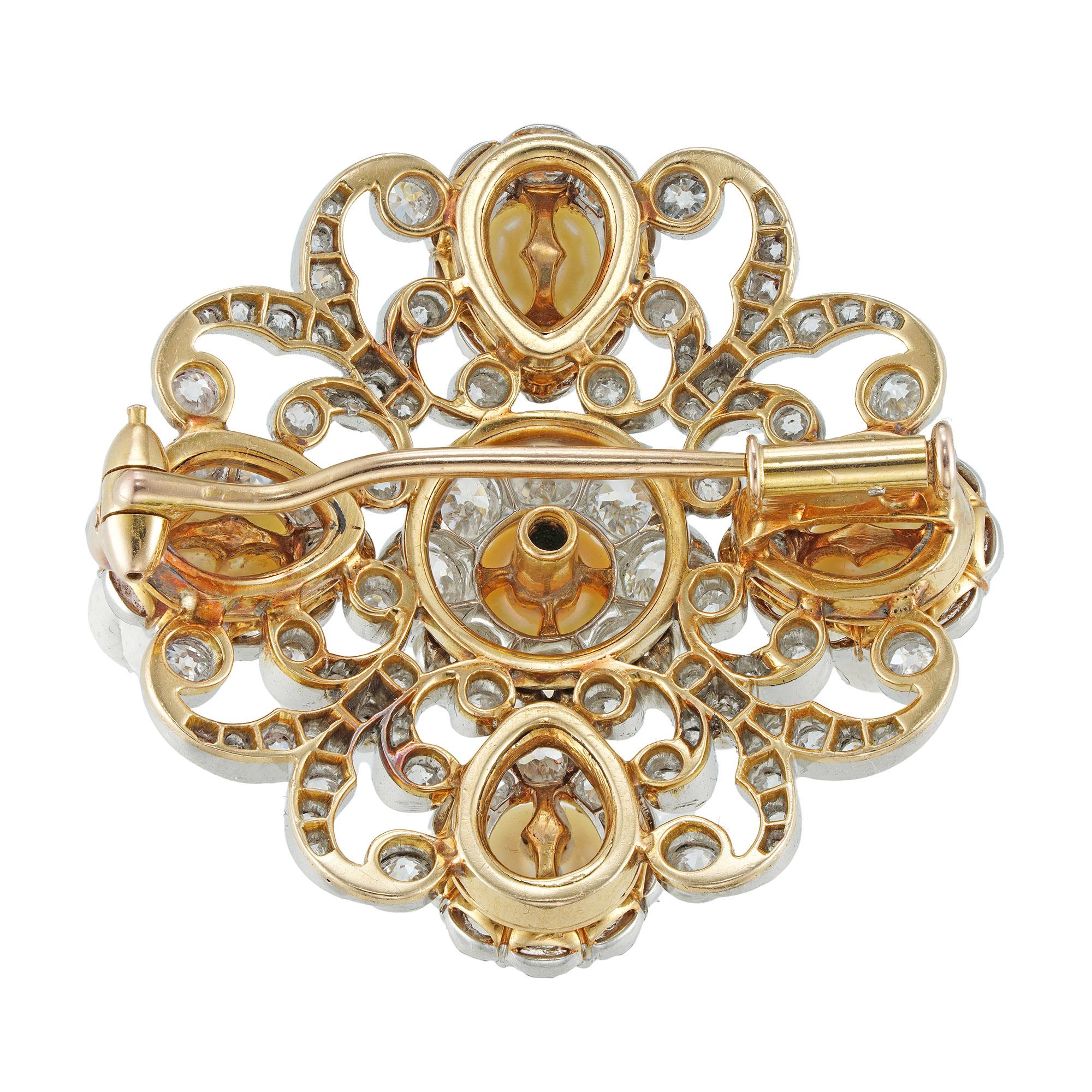 Women's or Men's A Victorian Diamond And Pearl Scroll Brooch For Sale