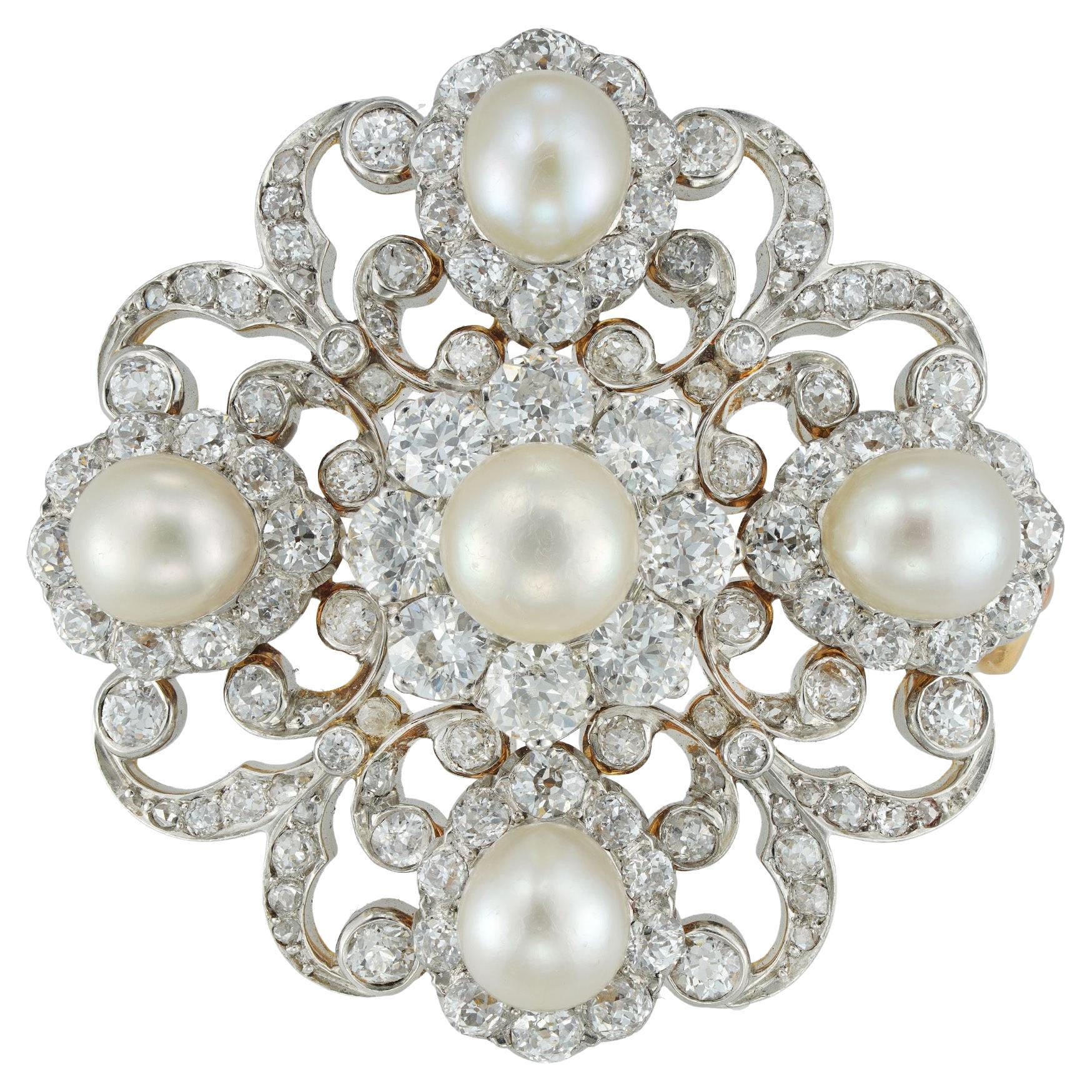 Viktorianische Schnörkelbrosche mit Diamanten und Perlen