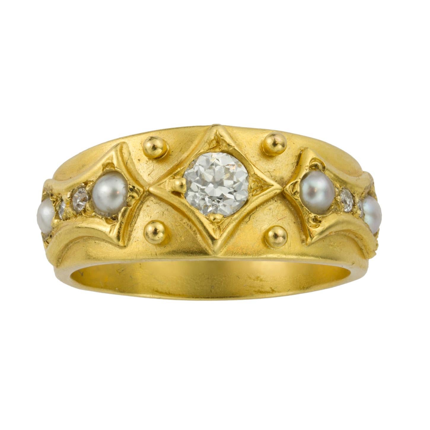 High Victorian Victorian Diamond and Pearl Yellow Gold Ring