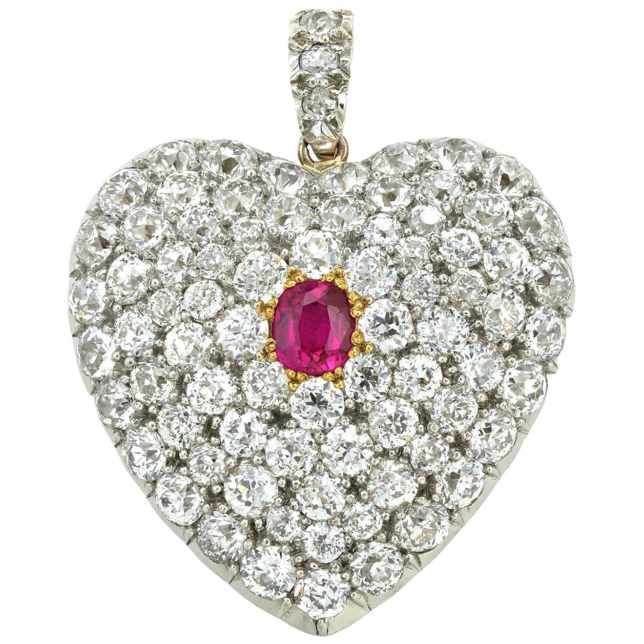 Victorian Diamond and Ruby Heart-Locket Pendant For Sale