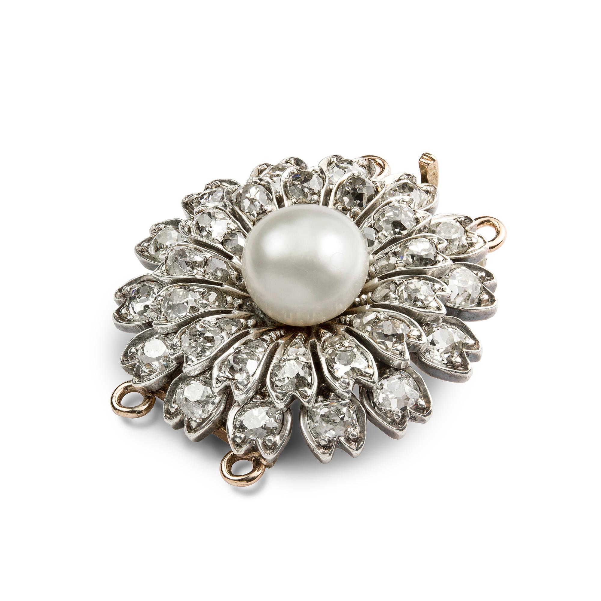 A Victorian diamond flower head cluster clasp with a white bouton pearl centre, accompanied by GCS Report stating to natural of saltwater origin, the two rows of petals with old- and rose-cut diamonds, estimated to weigh a total of 1.9cts, silver