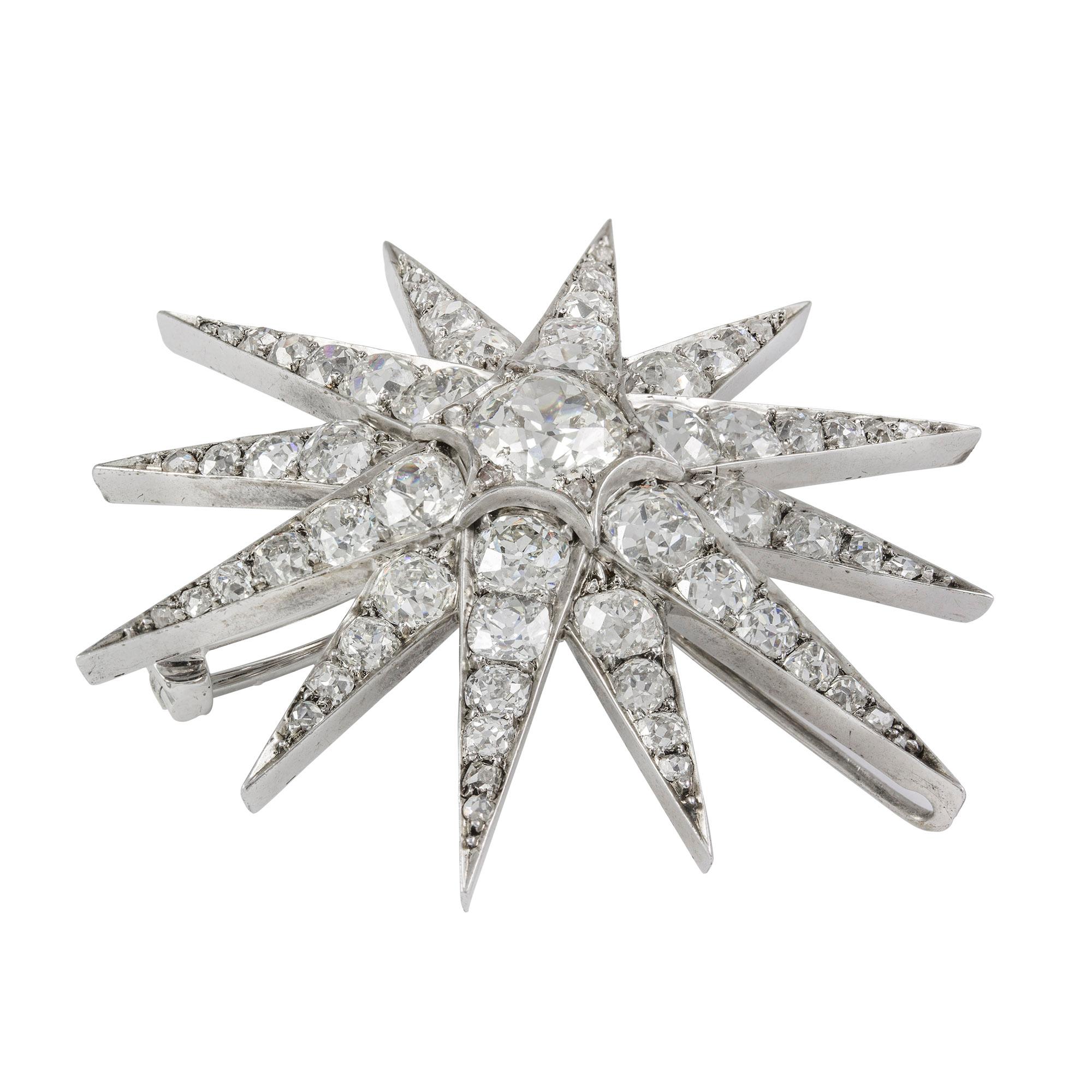 A Victorian diamond-set star brooch, the central diamond estimated to weigh 1.9 carat, surrounded by twelve diamond set rays, graduating in size from 5.5mm to 1mm from centre, all old round brilliant-cut diamonds estimated to weigh a further total