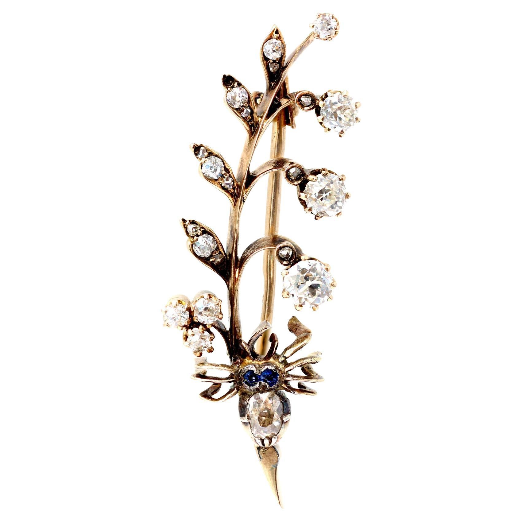 Victorian Diamond Spider Brooch CA 1890 in 14 Karat Gold