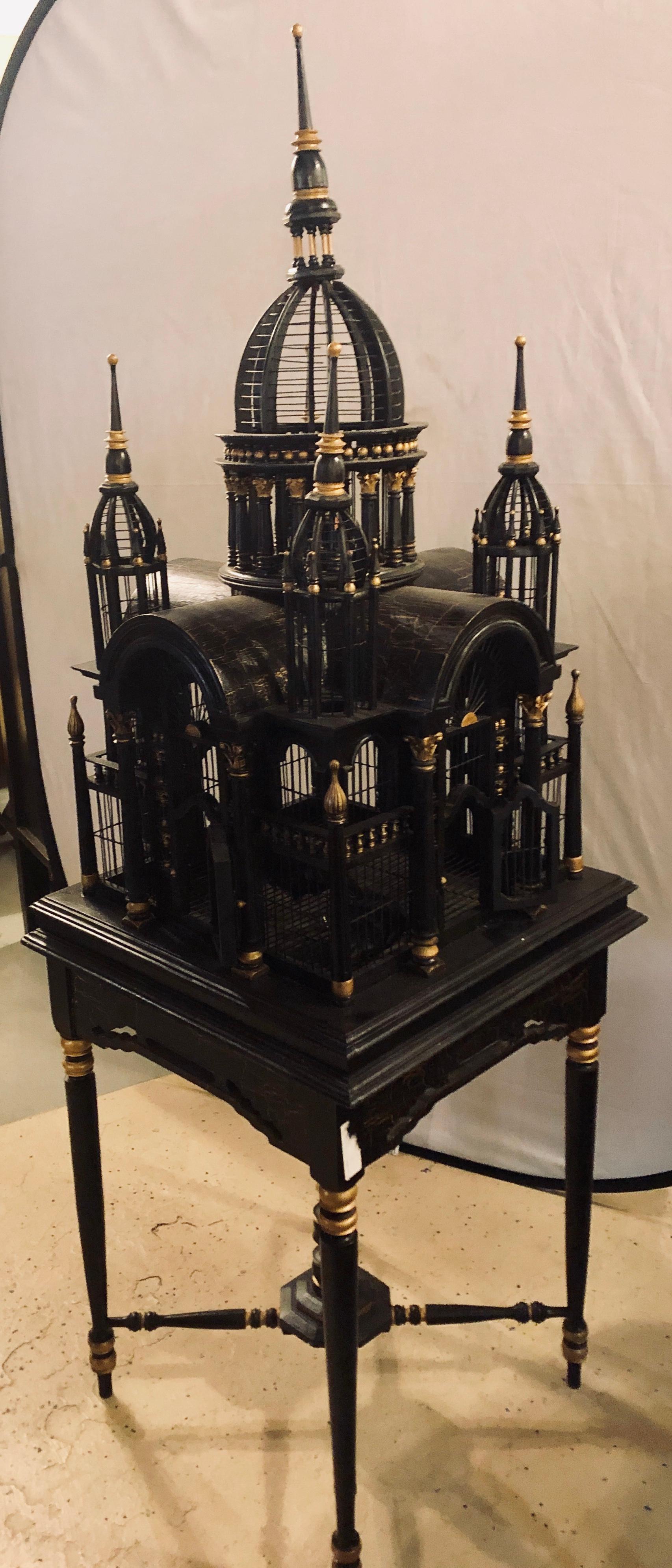 Victorian Ebony and Gilt Faux Marble Decorated Birdcage on a Stand 5