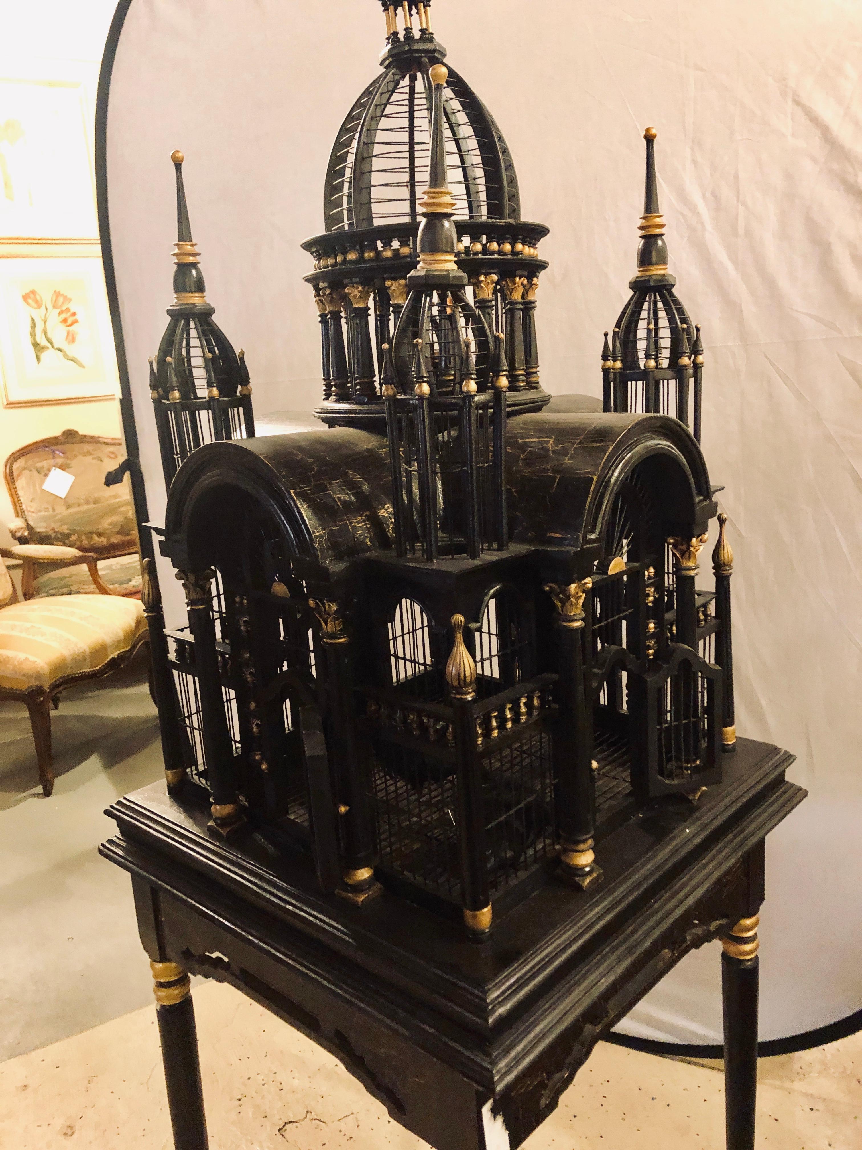 Victorian Ebony and Gilt Faux Marble Decorated Birdcage on a Stand 6