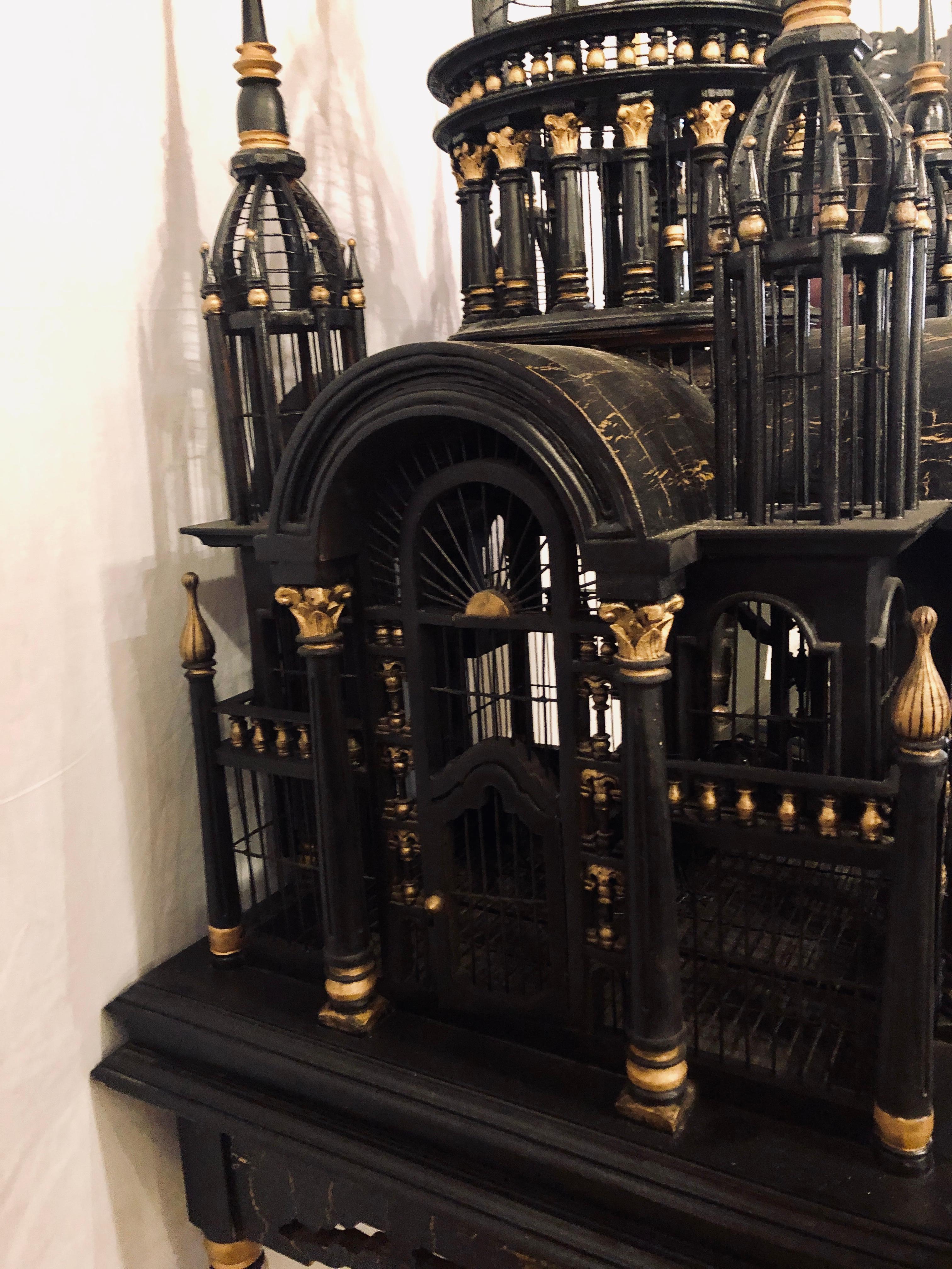 Victorian Ebony and Gilt Faux Marble Decorated Birdcage on a Stand 9