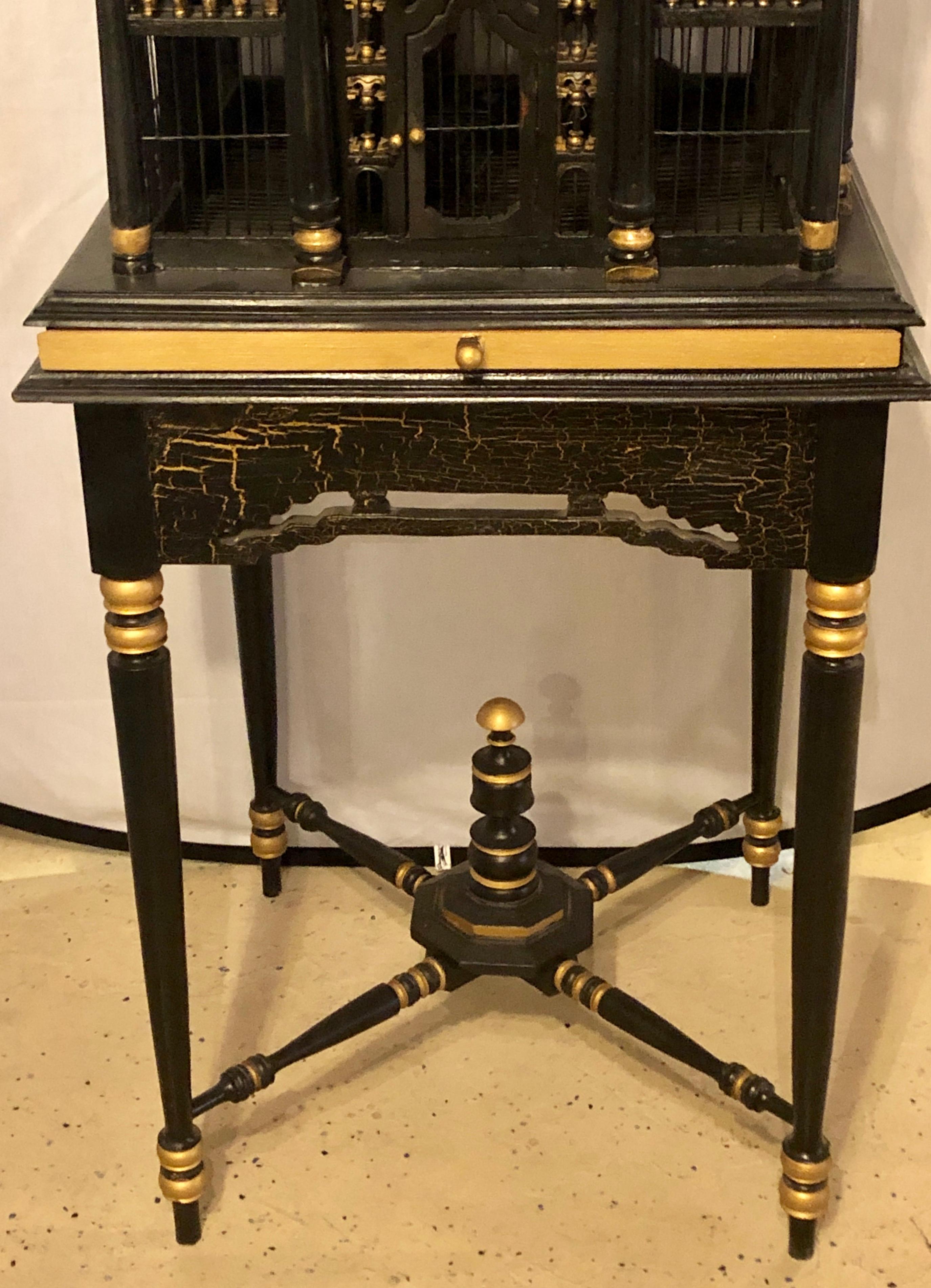 Early Victorian Victorian Ebony and Gilt Faux Marble Decorated Birdcage on a Stand