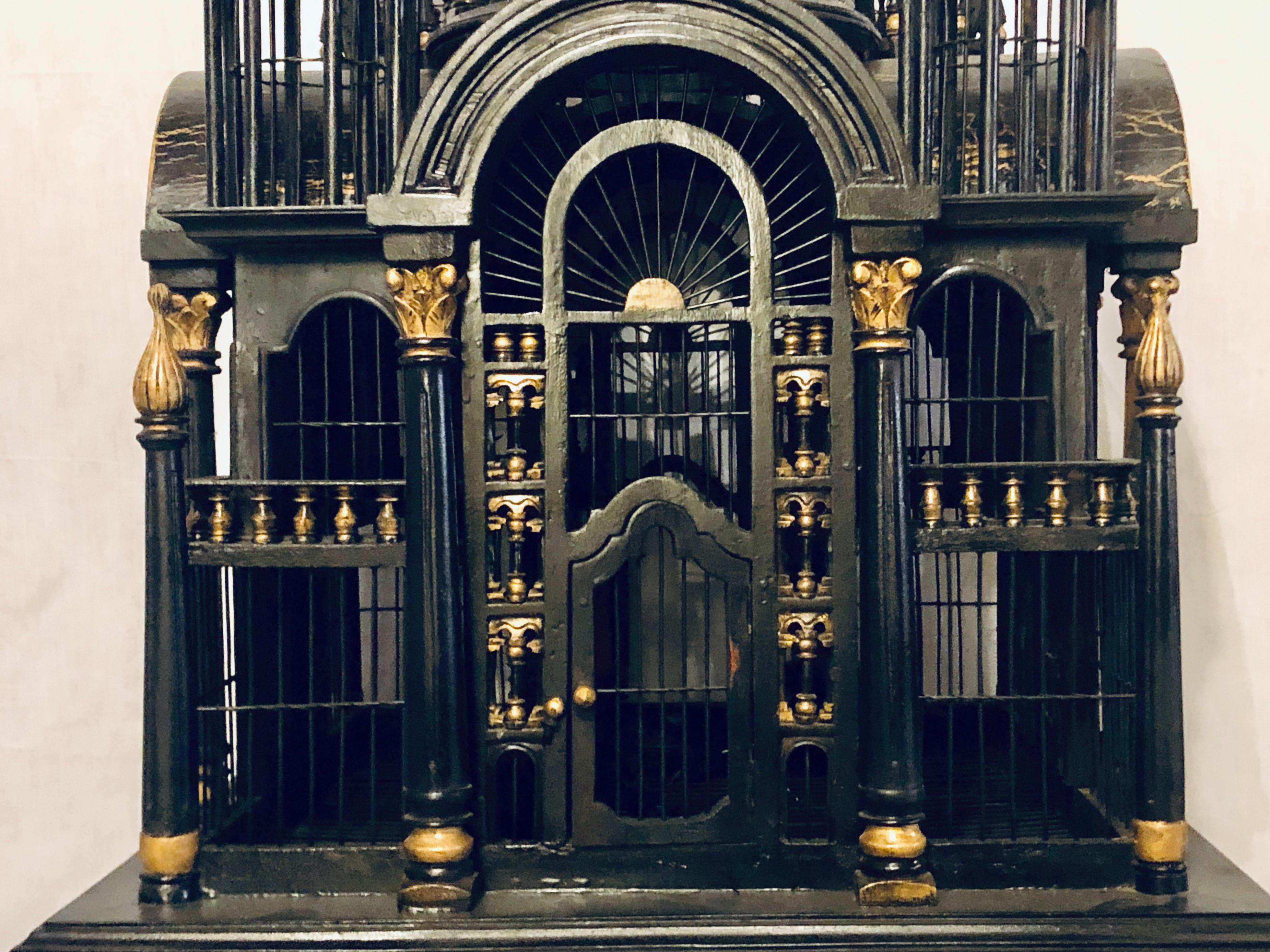 Victorian Ebony and Gilt Faux Marble Decorated Birdcage on a Stand 1