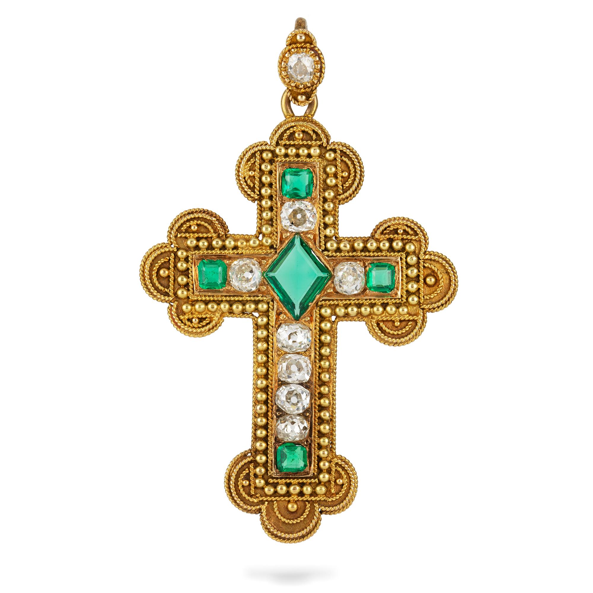 High Victorian Victorian Emerald and Diamond Cross Pendant