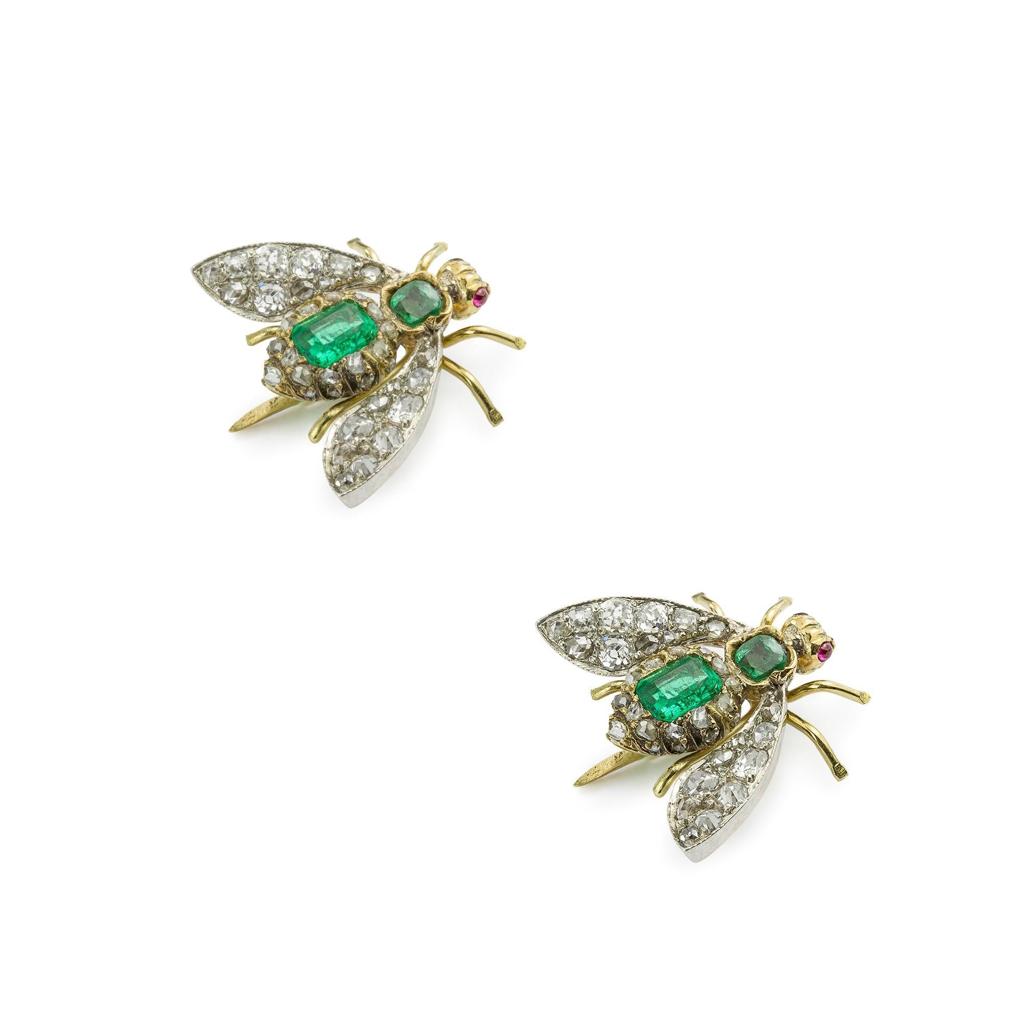 Late Victorian Victorian Emerald and Diamond Fly Scatter-Pin Brooch