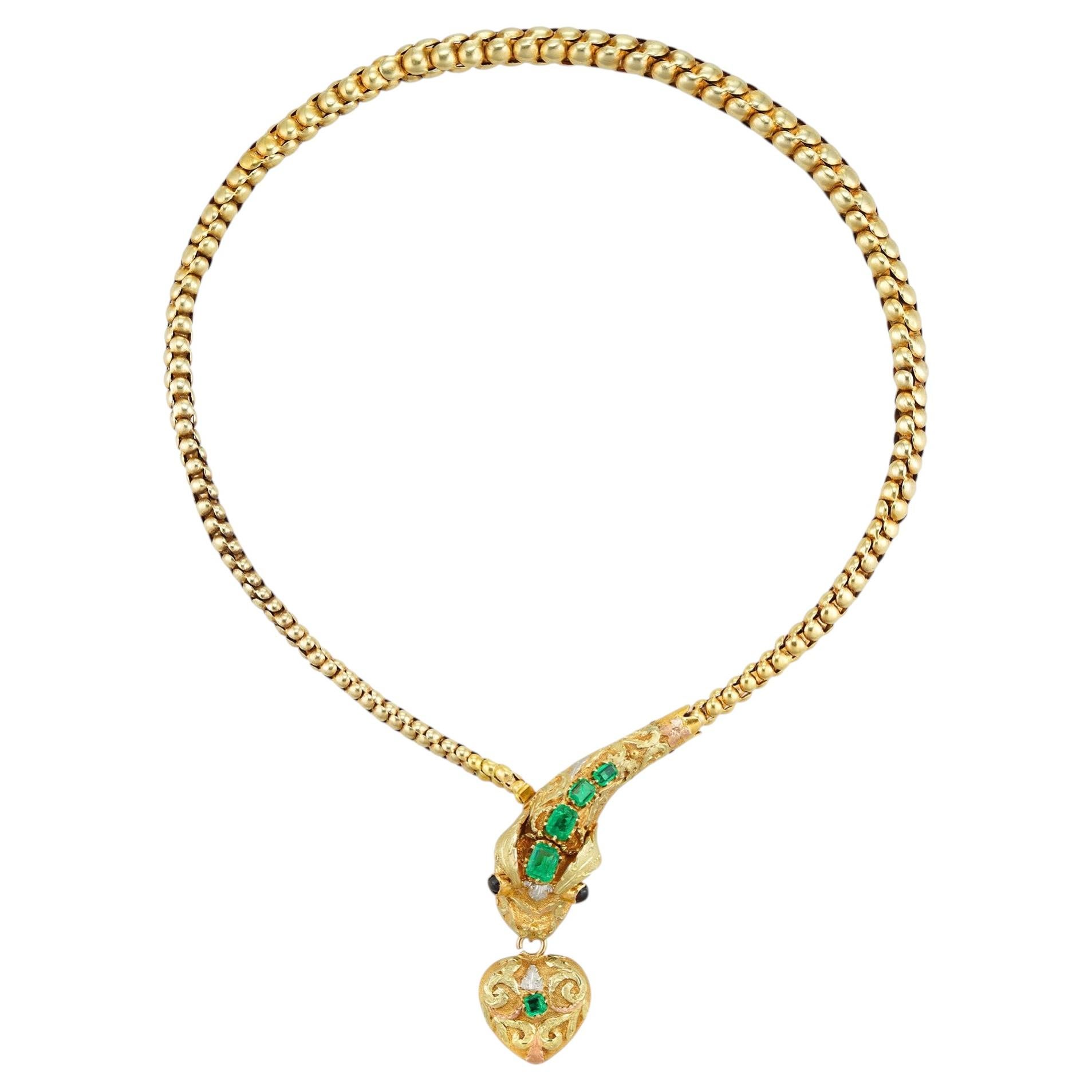 A Victorian emerald and gold snake necklace