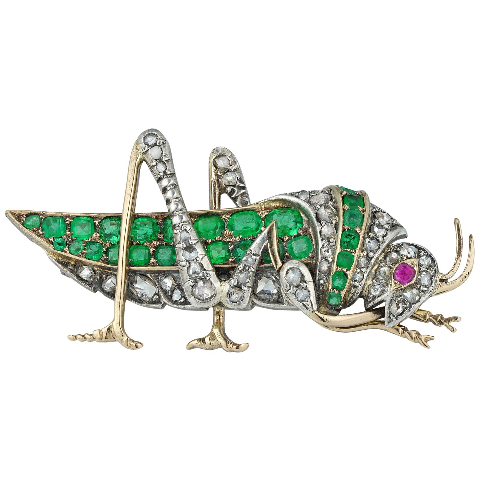 Victorian Emerald, Ruby and Diamond Grasshopper Brooch