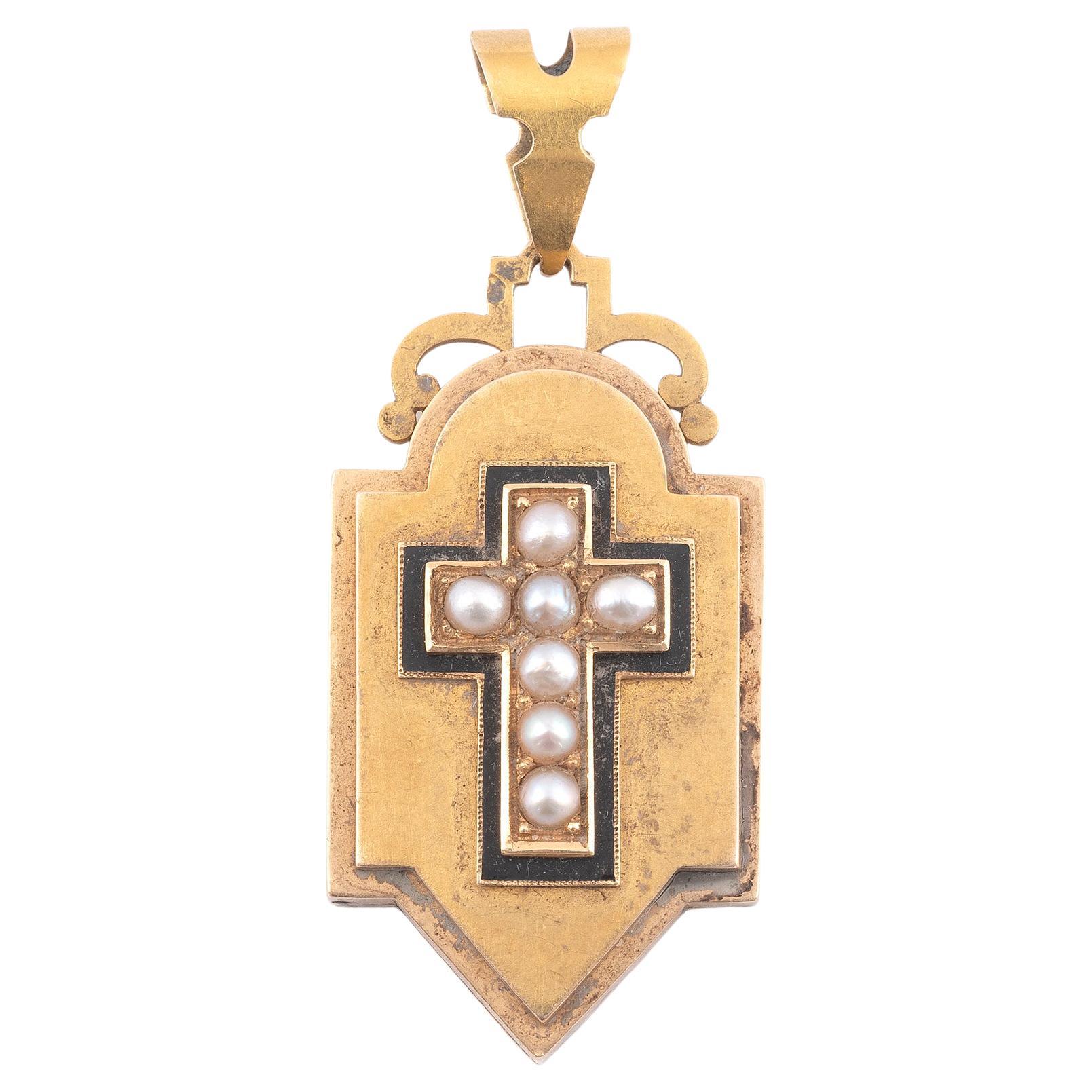 Victorian Enamel and Pearl Set Latin Cross Locket Pendant