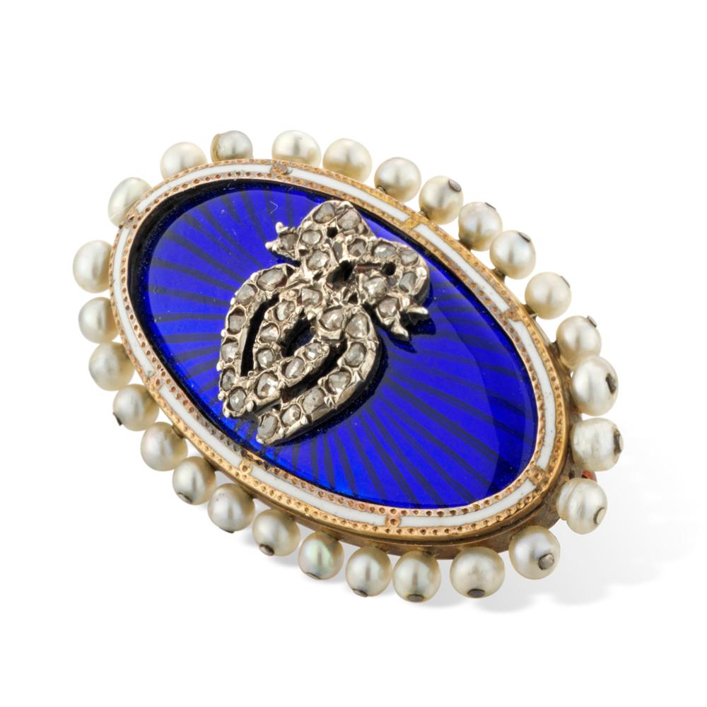 A Victorian enamel, pearl and diamond brooch, the central silver entwined double heart and ribbon bow motif encrusted with rose diamonds, applied to a cobalt blue guilloché enamel marquise shaped panel with white enamel and pearl border, to a closed