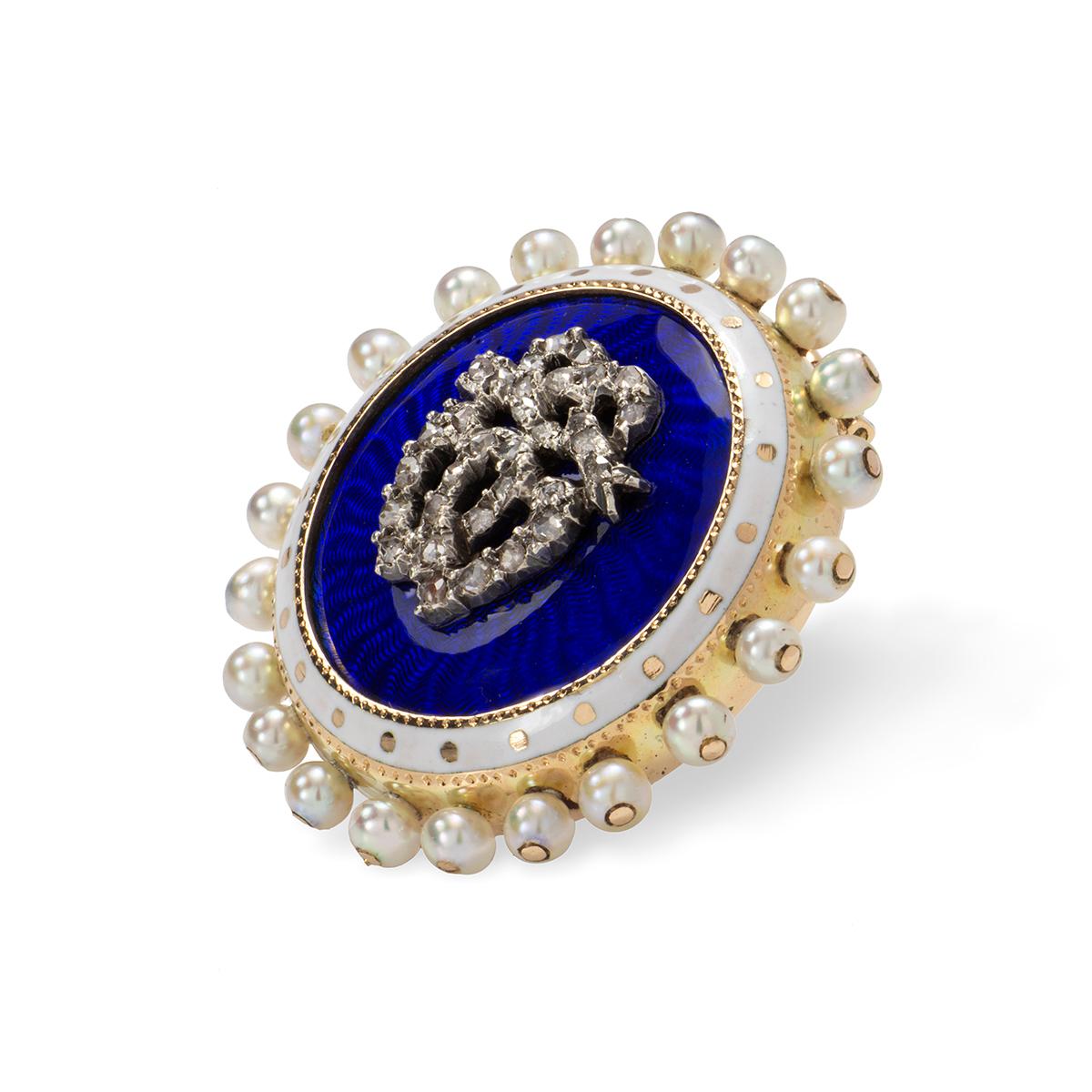 A Victorian enamel, pearl and diamond brooch, the central silver entwined double heart and ribbon bow motif encrusted with rose-cut diamonds, to a cobalt blue guilloché enamel round shaped panel with white enamel and pearl border, all set to a