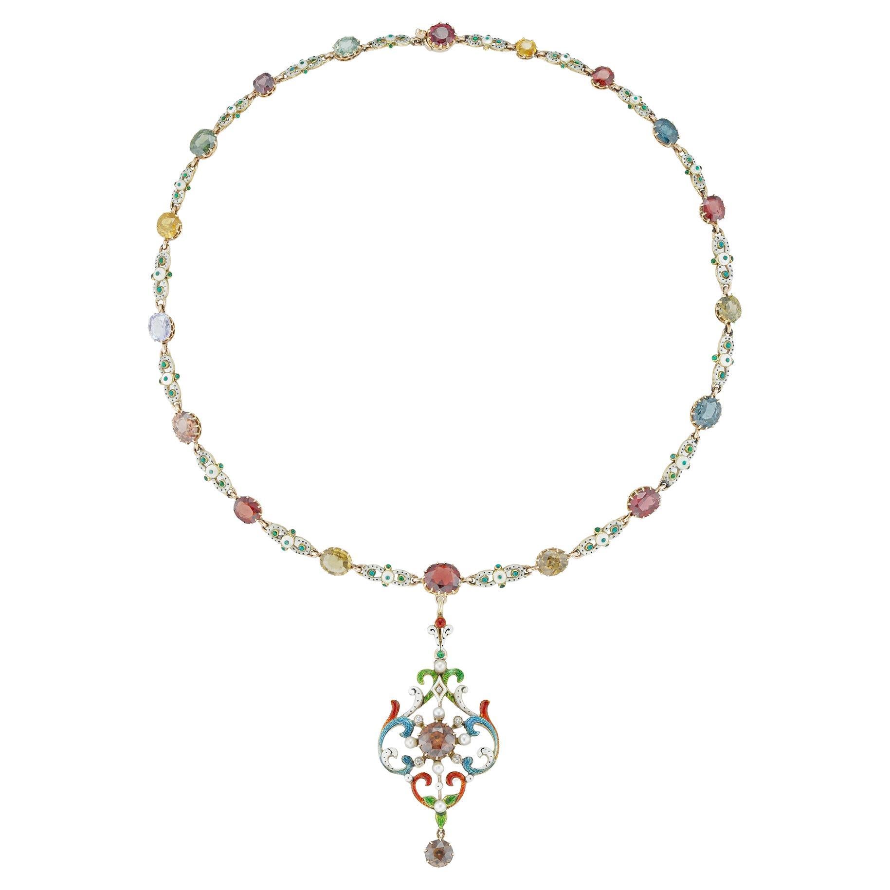 A Victorian enamel, zircon, garnet and sapphire necklace