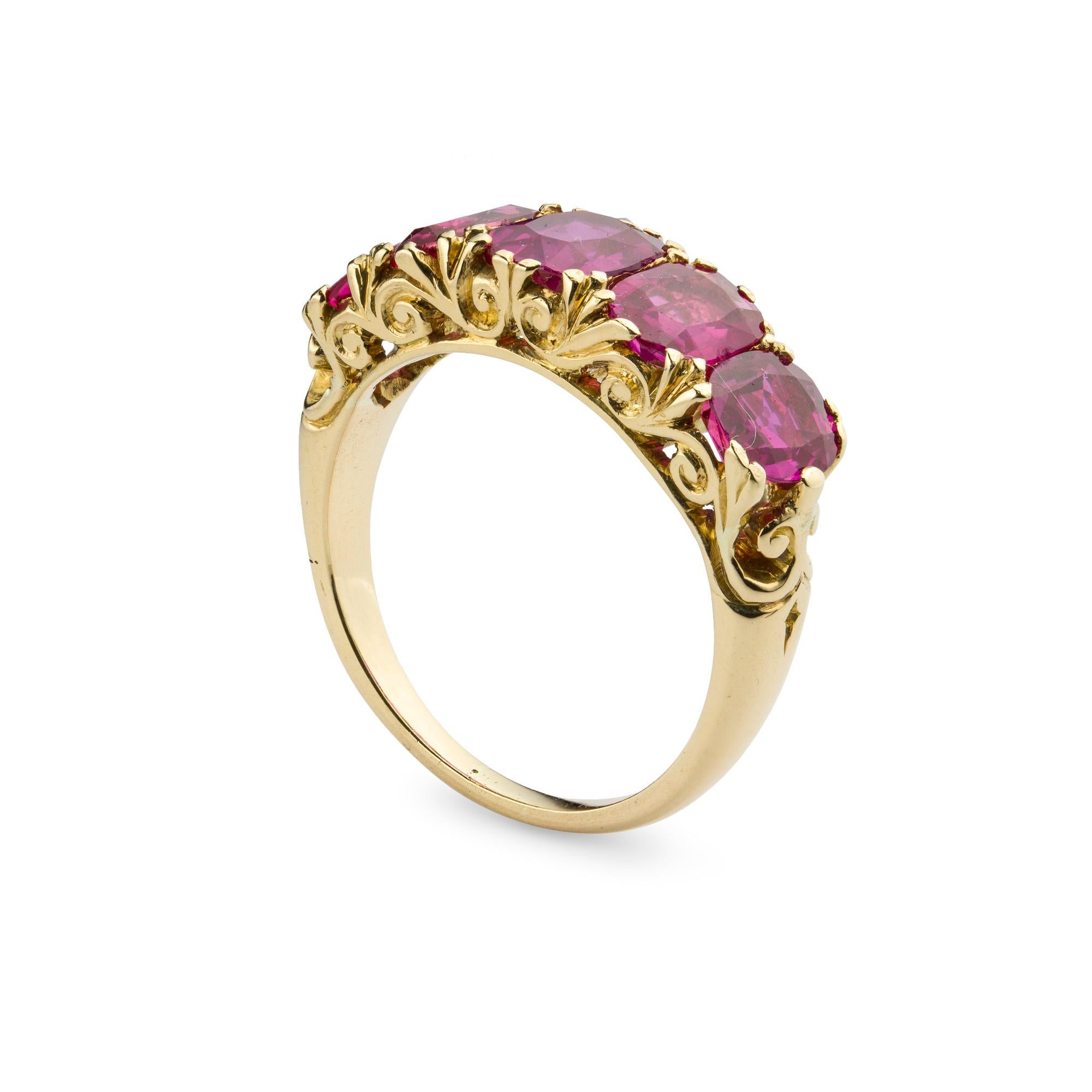 A Victorian five stone Burmese ruby ring, consisting of five cushion-cut rubies graduating from the centre and estimated to weigh 4.5 carats in total, accompanied by GCS Report 81278-24 stating to be of Burmese origin with no indication of heating,