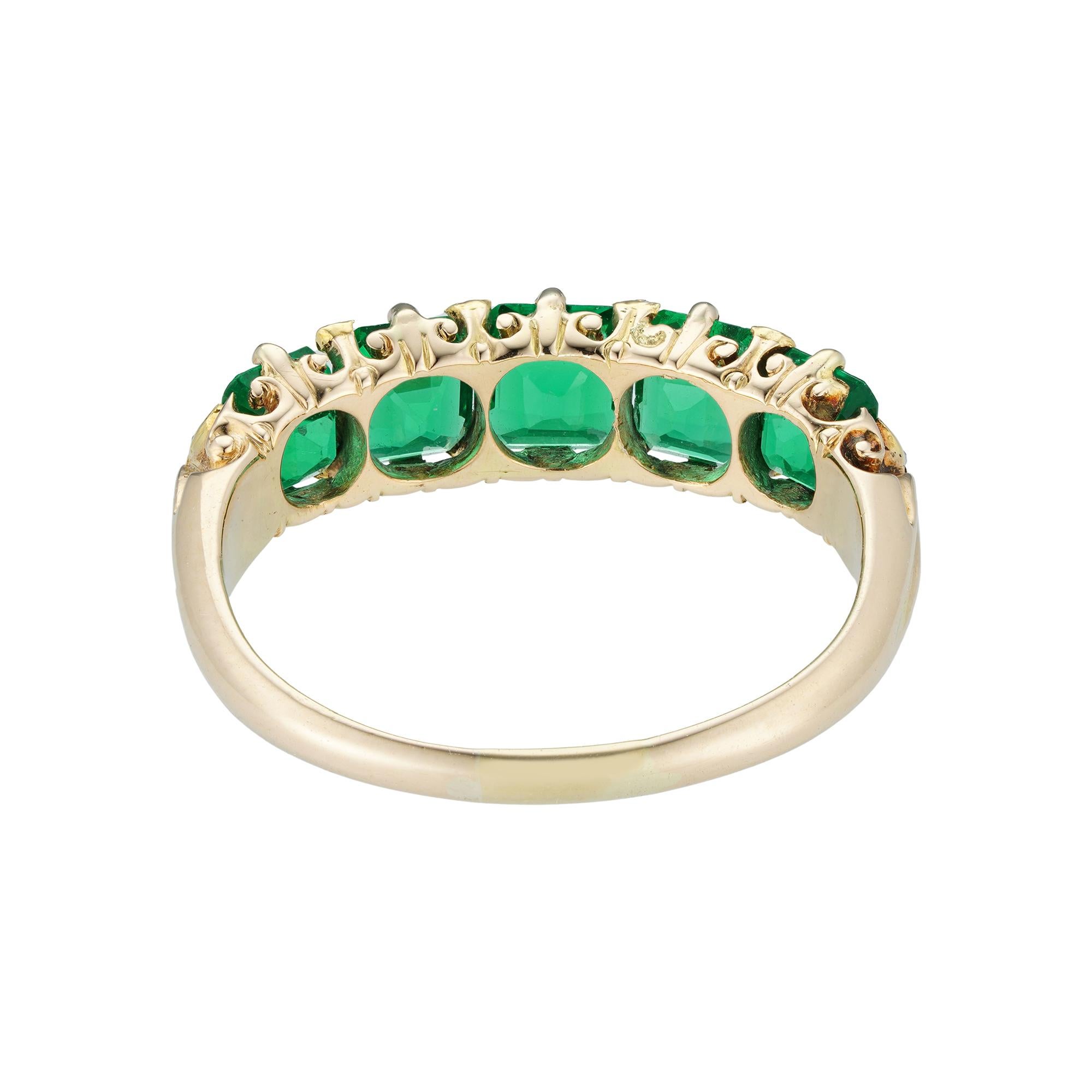 Emerald Cut Victorian Five-Stone Carved Half Hoop Emerald Ring