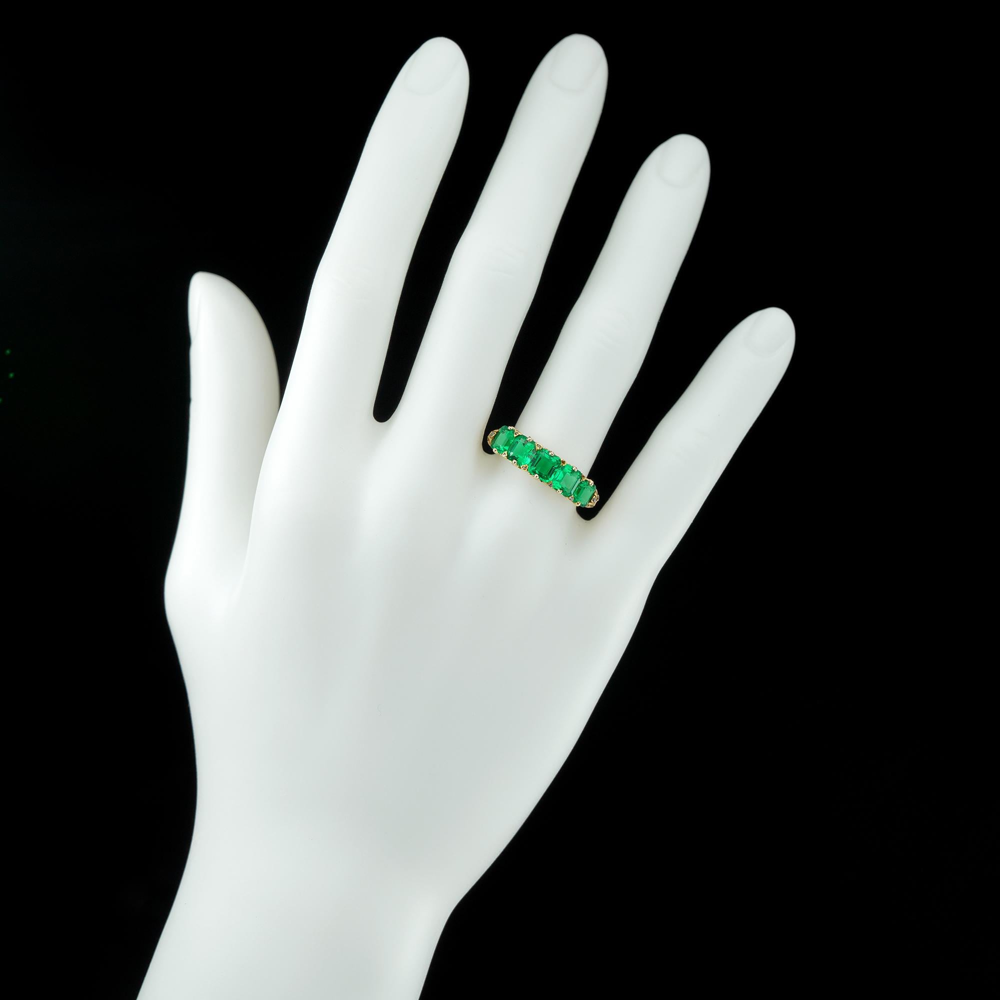 Women's or Men's Victorian Five-Stone Carved Half Hoop Emerald Ring