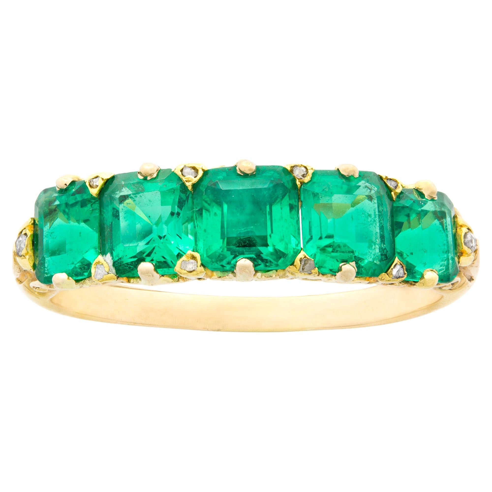 Victorian Five-Stone Carved Half Hoop Emerald Ring