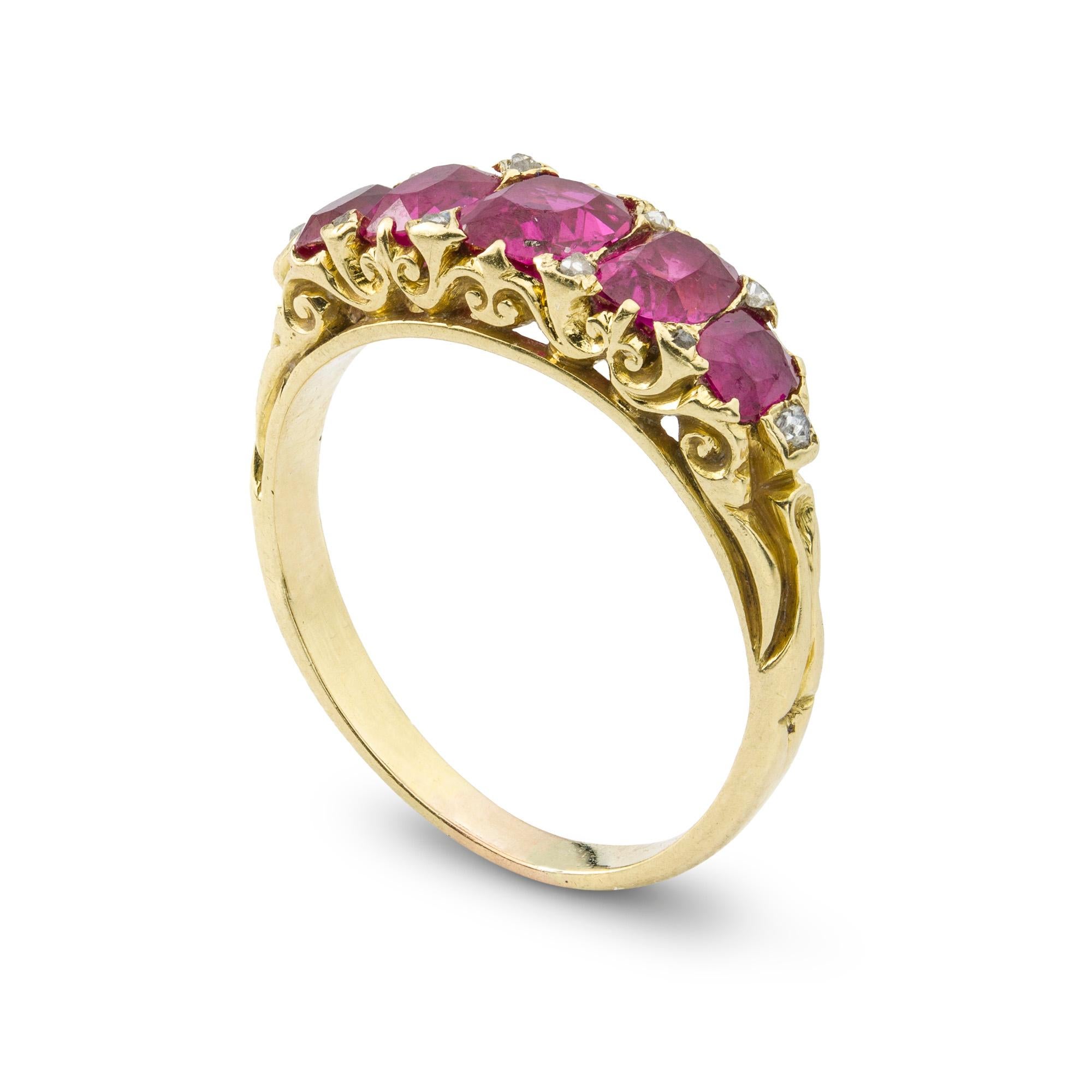 A Victorian five stone ruby ring, the five oval faceted rubies estimated to weigh one and a half carats in total accompanied by GCS report: 5776-6569 stating that the rubies to be of Burmese origin with no indication of heat-treatment, graduating