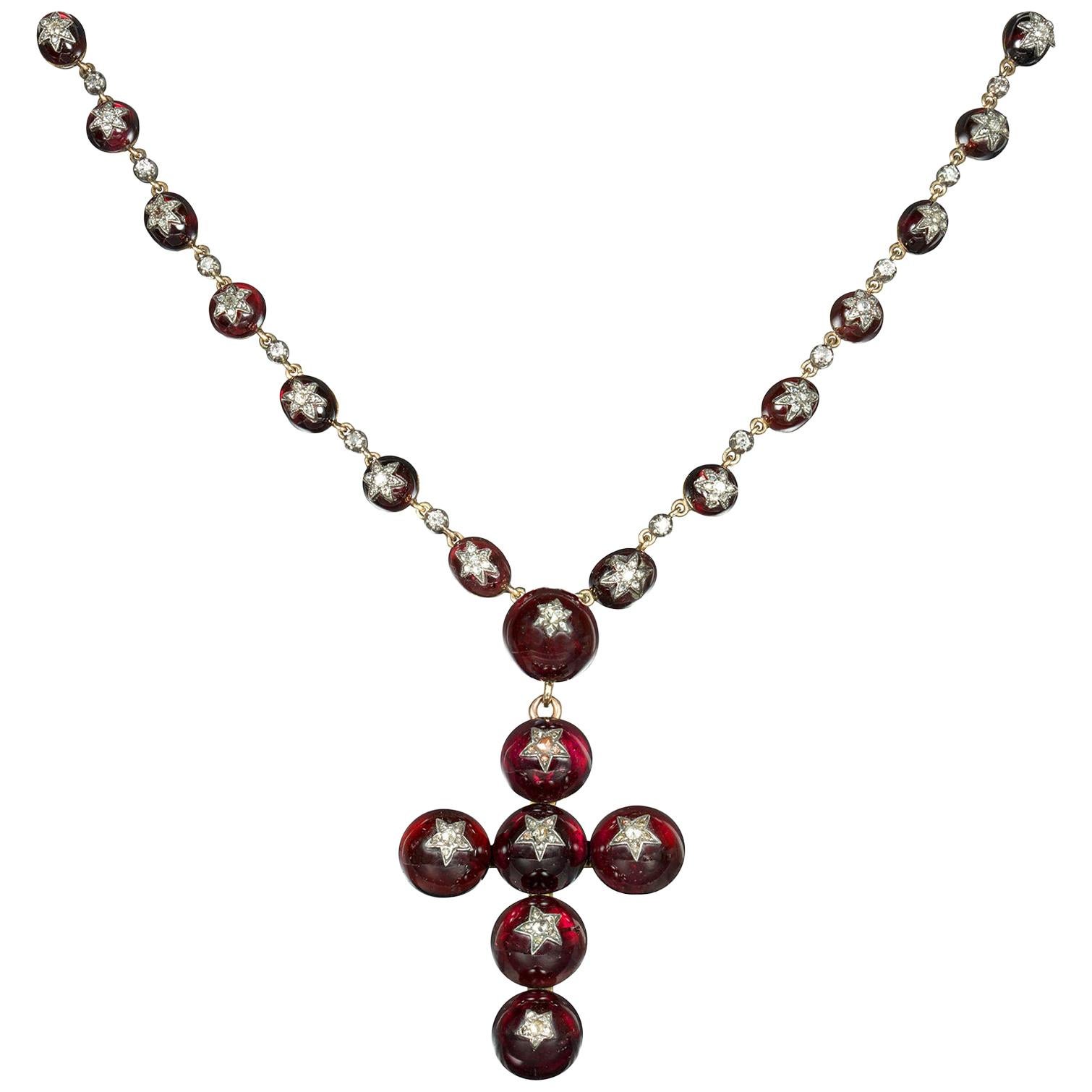 Victorian Garnet and Diamond Cross Necklace