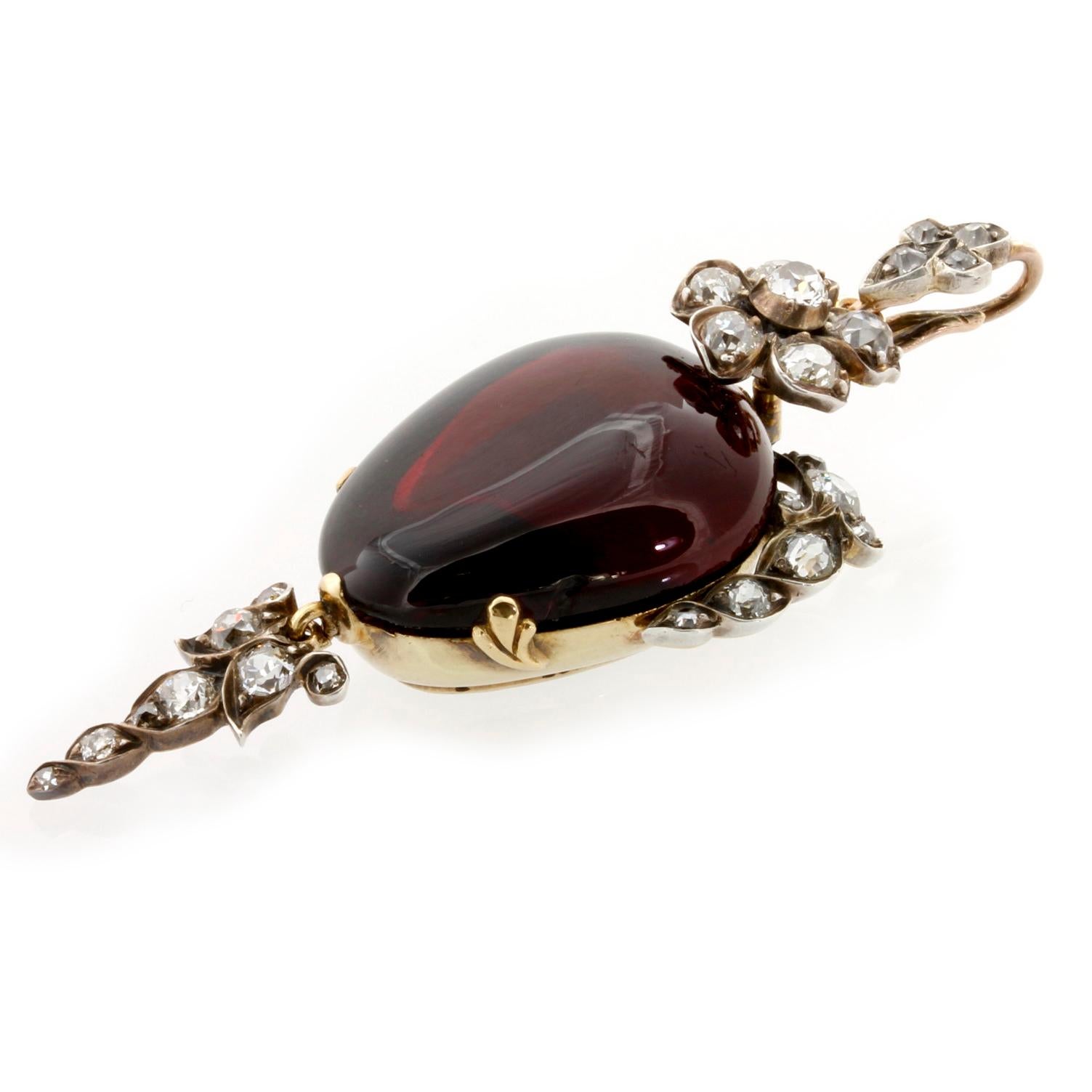 Old Mine Cut Victorian Garnet and Diamond Flower Pendant For Sale