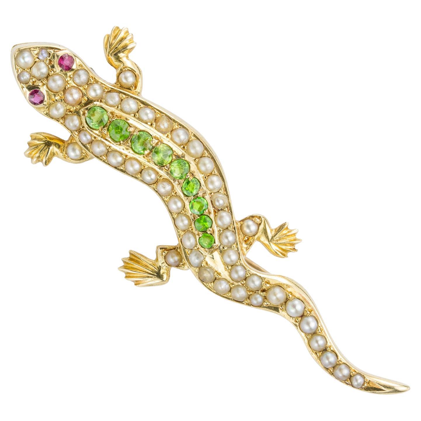 A Victorian Garnet And Pearl Lizard Brooch For Sale