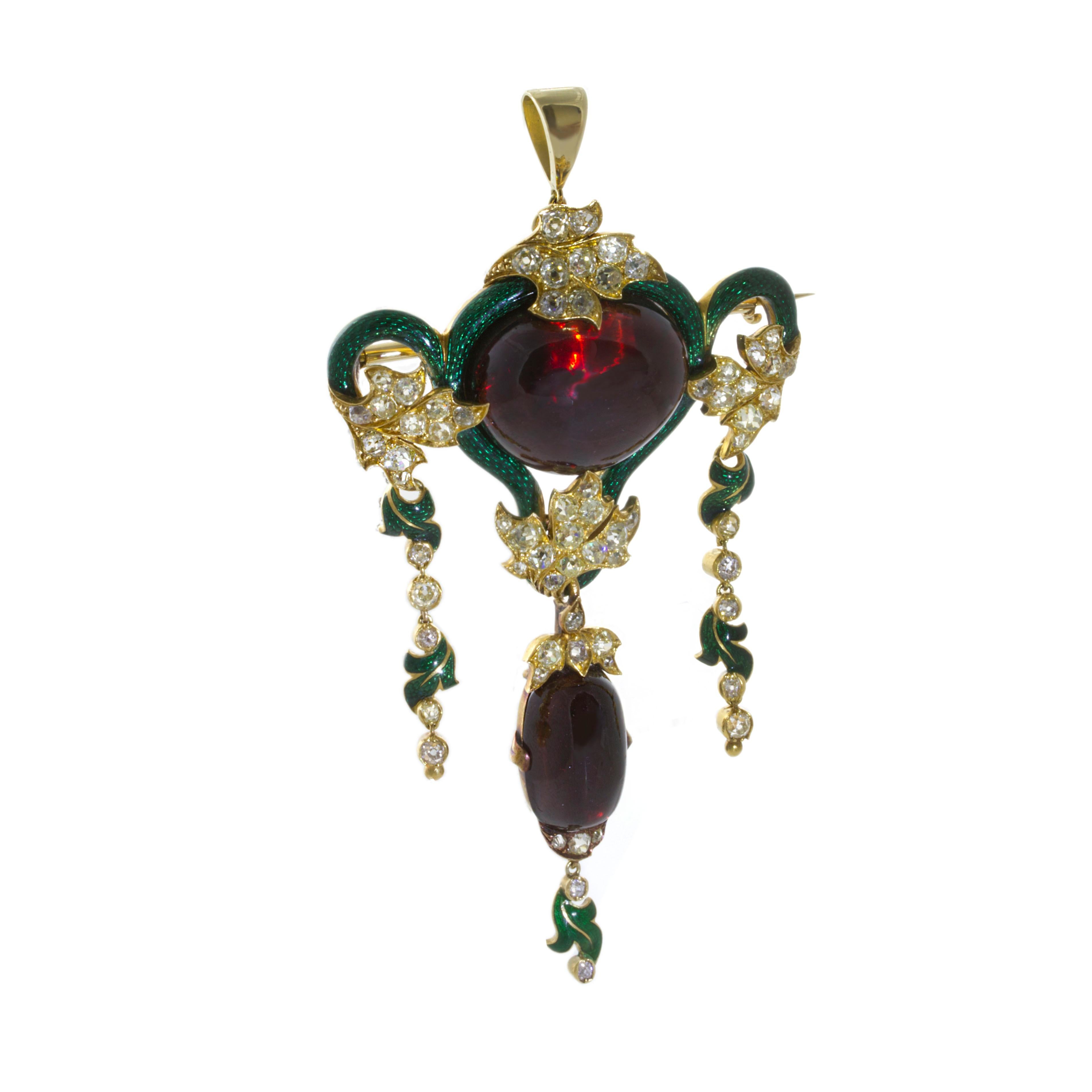 High Victorian Victorian Garnet, Diamond and Green Enamel Brooch For Sale
