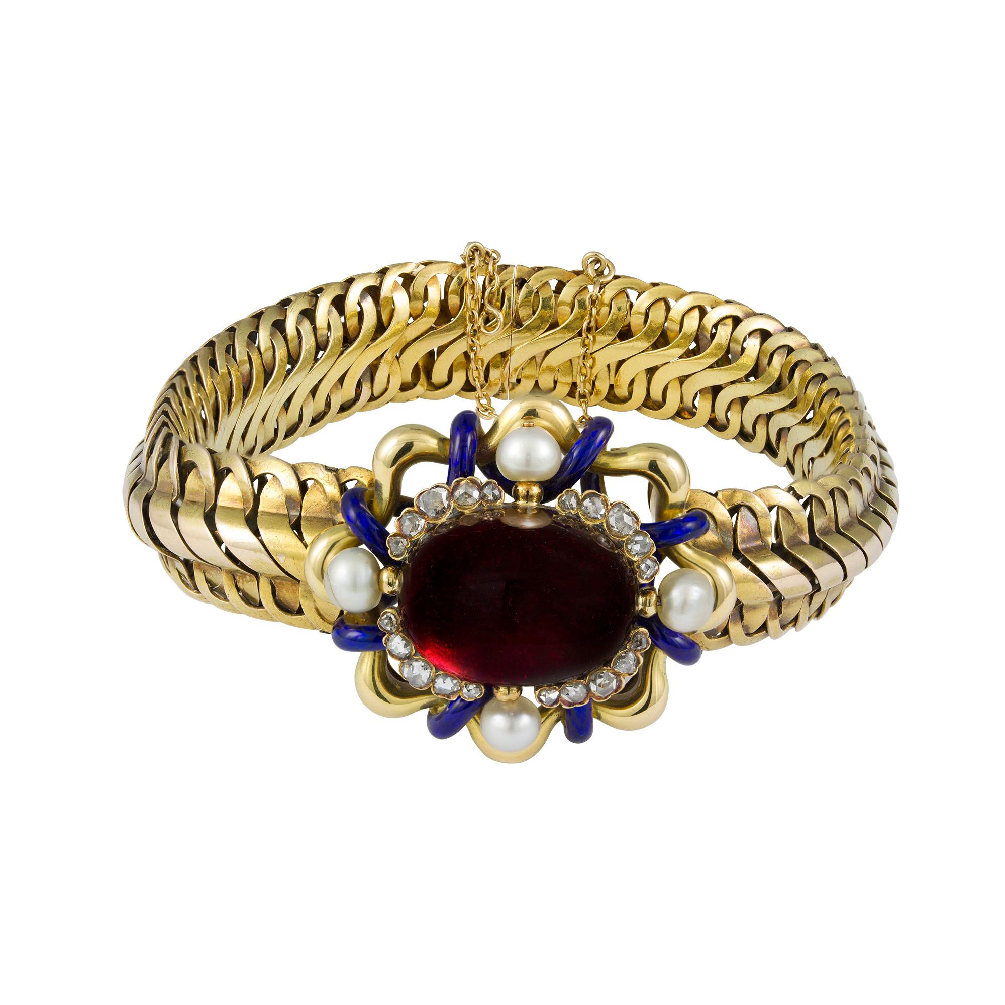 High Victorian Victorian Garnet, Diamond and Pearl Bracelet For Sale
