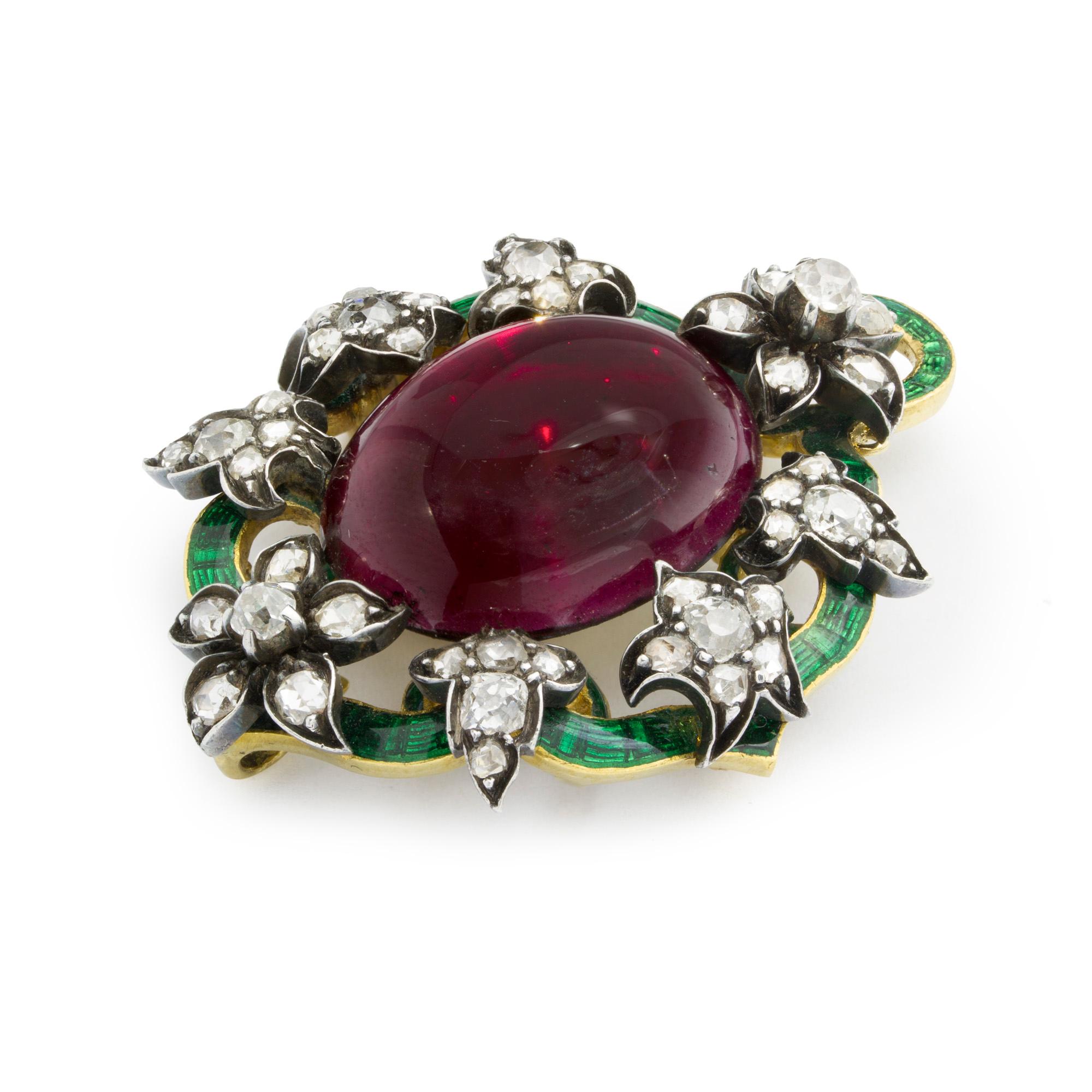 Victorian Garnet Enamel and Diamond Pendant or Brooch In Good Condition For Sale In London, GB