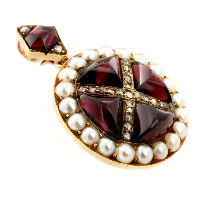 Rose Cut Victorian Garnet, Pearl and Diamond Pendant For Sale