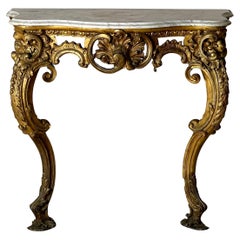 Table console victorienne en bois doré et marbre