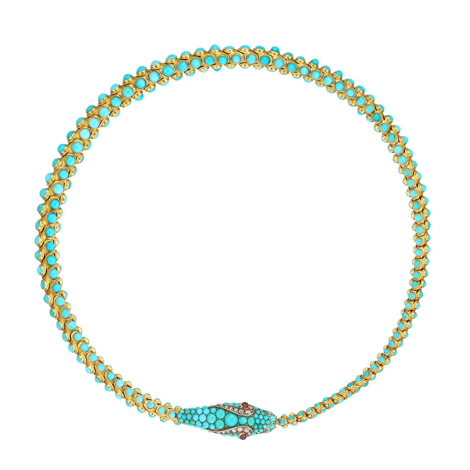 A Victorian gold and turquoise serpent necklace, the flexible tapering yellow gold body formed of three rows of scale-like collets each set with a round cabochon-cut turquoise, the head encrusted with cabochon-cut turquoises of various shapes, the