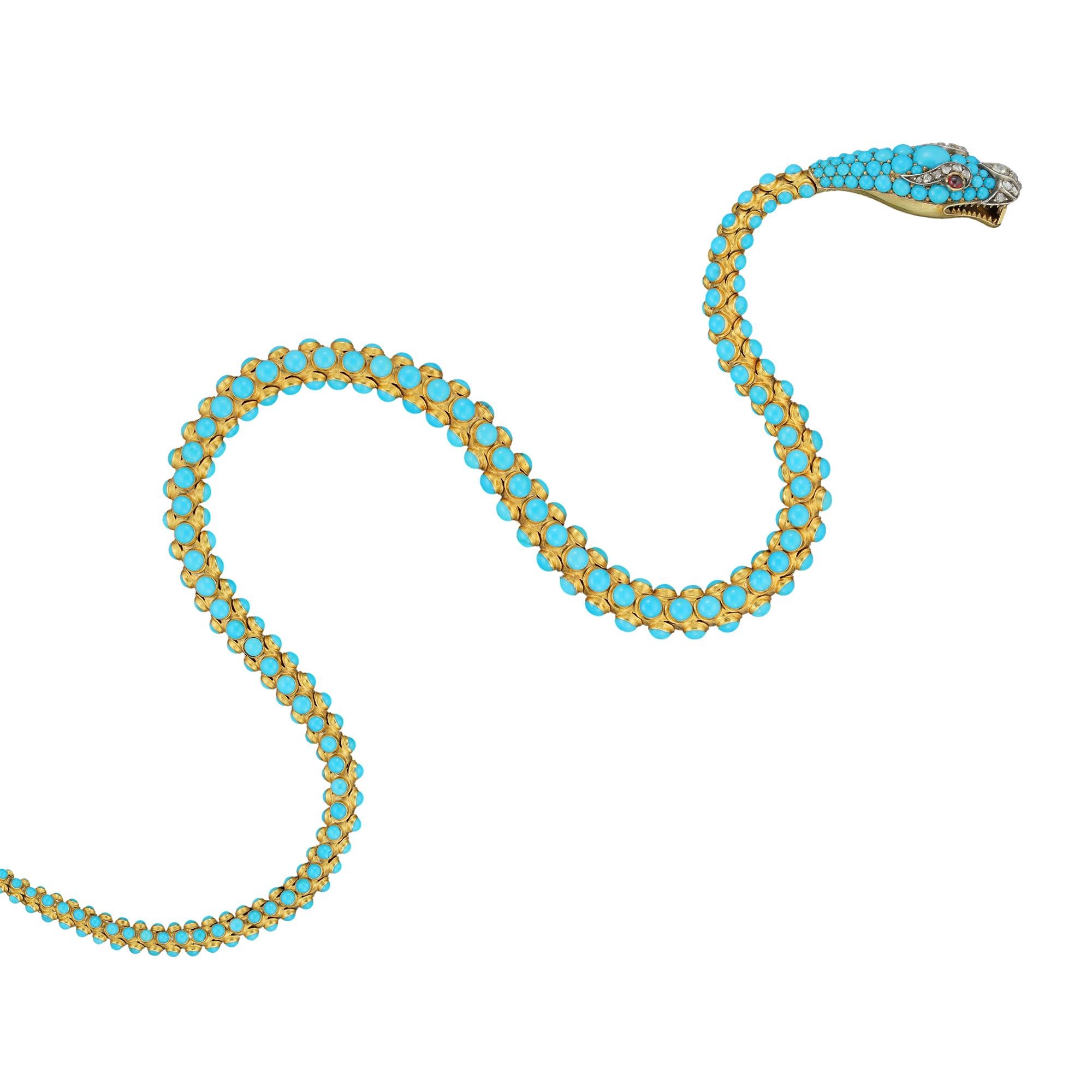 A Victorian gold and turquoise serpent necklace, the flexible tapering yellow gold body formed of three rows of scale-like collets each set with a round cabochon-cut turquoise, the head encrusted with cabochon-cut turquoises of various shapes, the