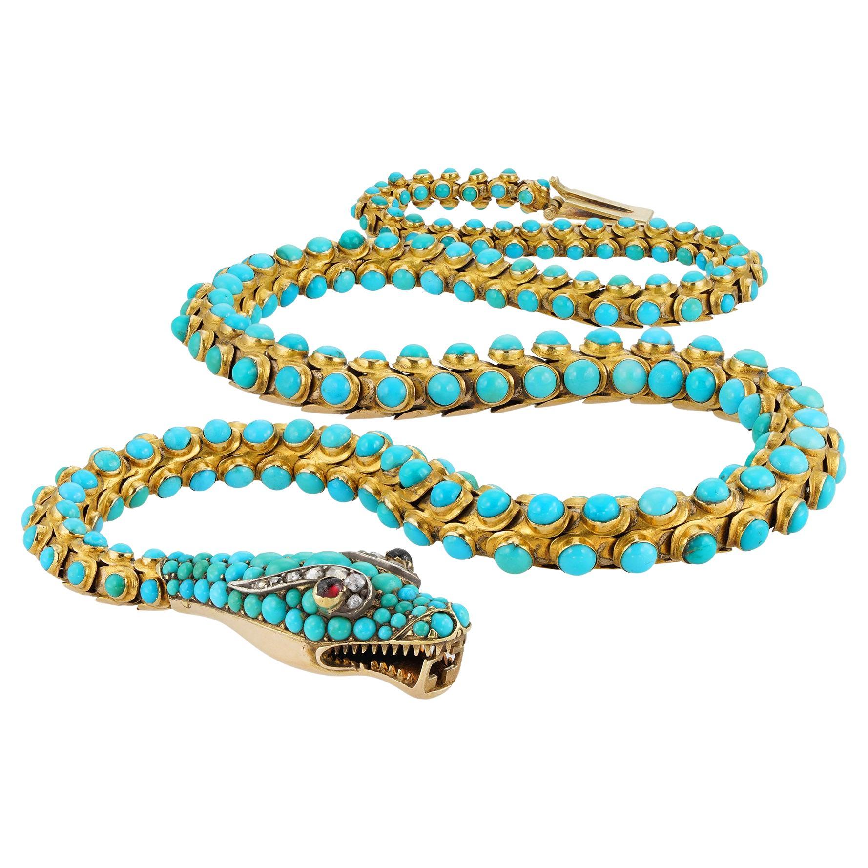 A Victorian gold and turquoise serpent necklace For Sale