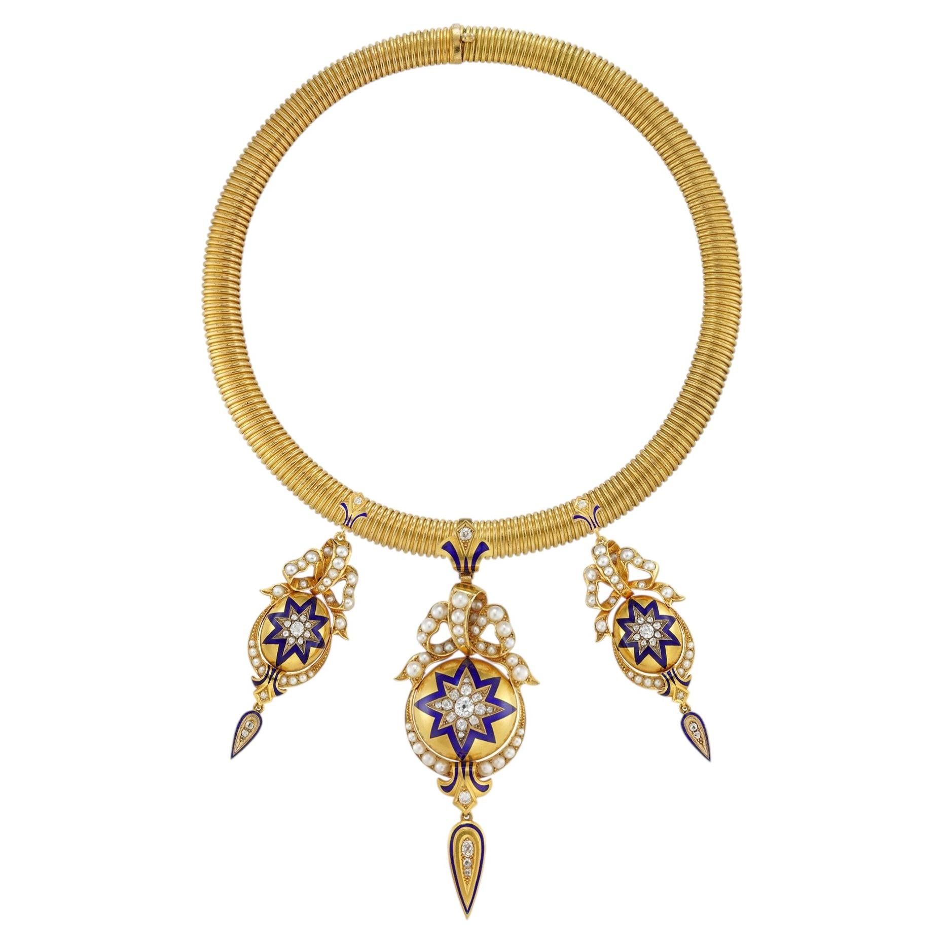 A Victorian gold, pearl, diamond and blue enamel suite