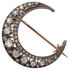 Antique Victorian Gold Silver and Diamond Crescent Brooch