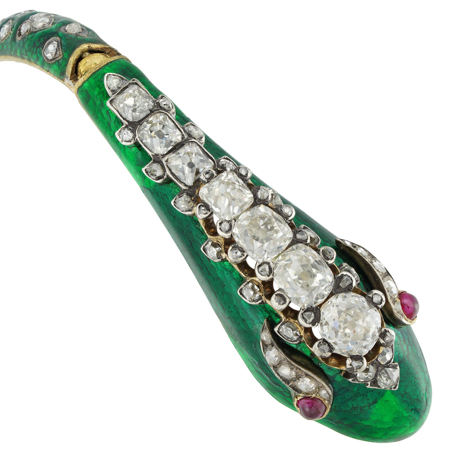 Cabochon Victorian Green Enamelled Serpent Bangle For Sale
