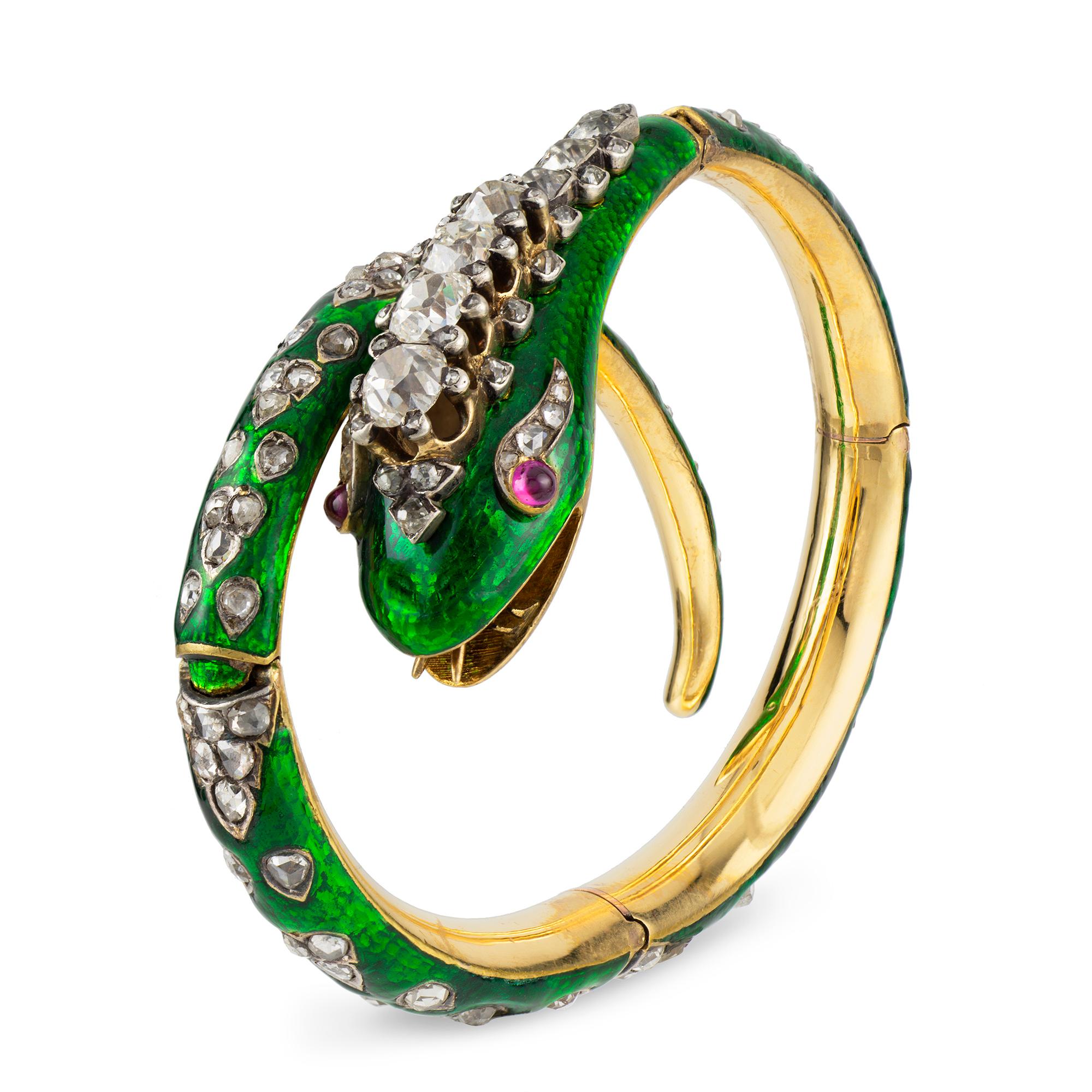 Victorian Green Enamelled Serpent Bangle In Good Condition For Sale In London, GB