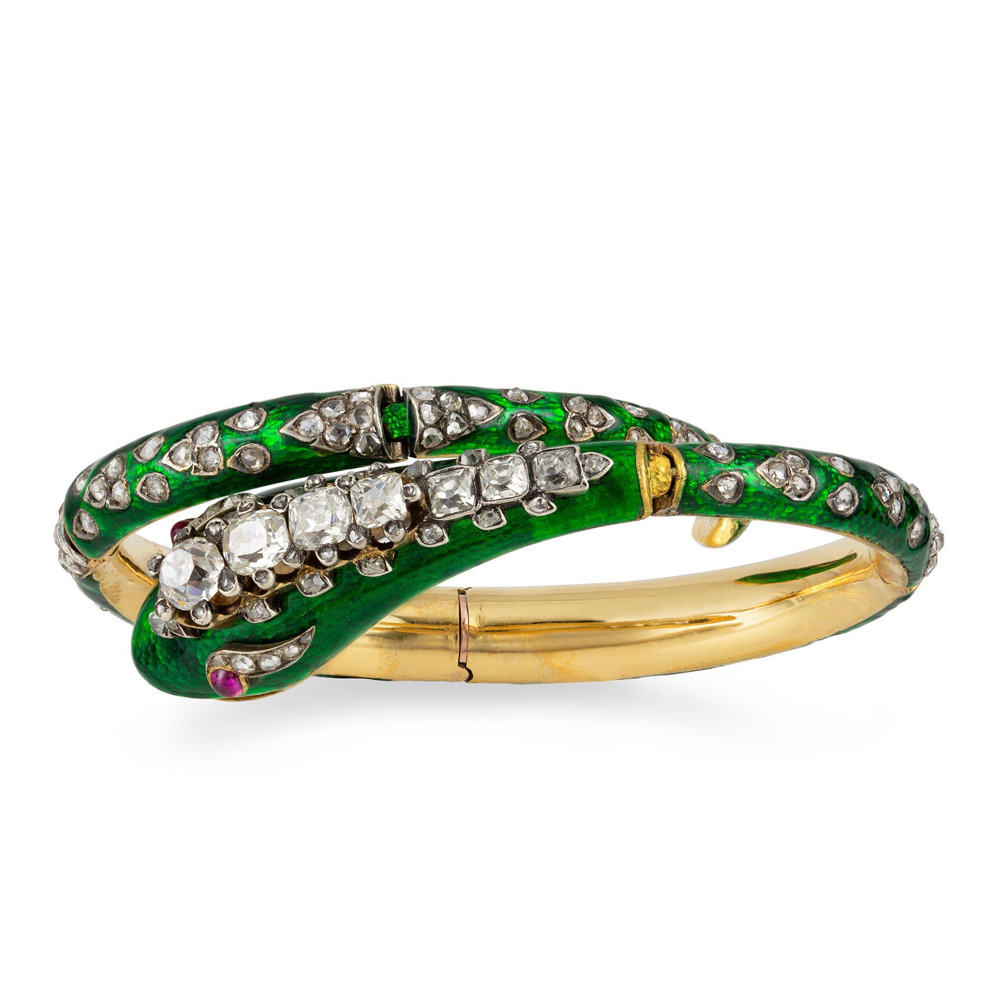 Women's or Men's Victorian Green Enamelled Serpent Bangle For Sale
