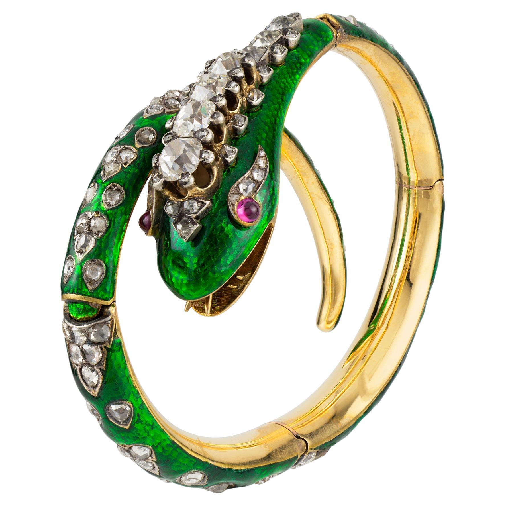 Victorian Green Enamelled Serpent Bangle For Sale