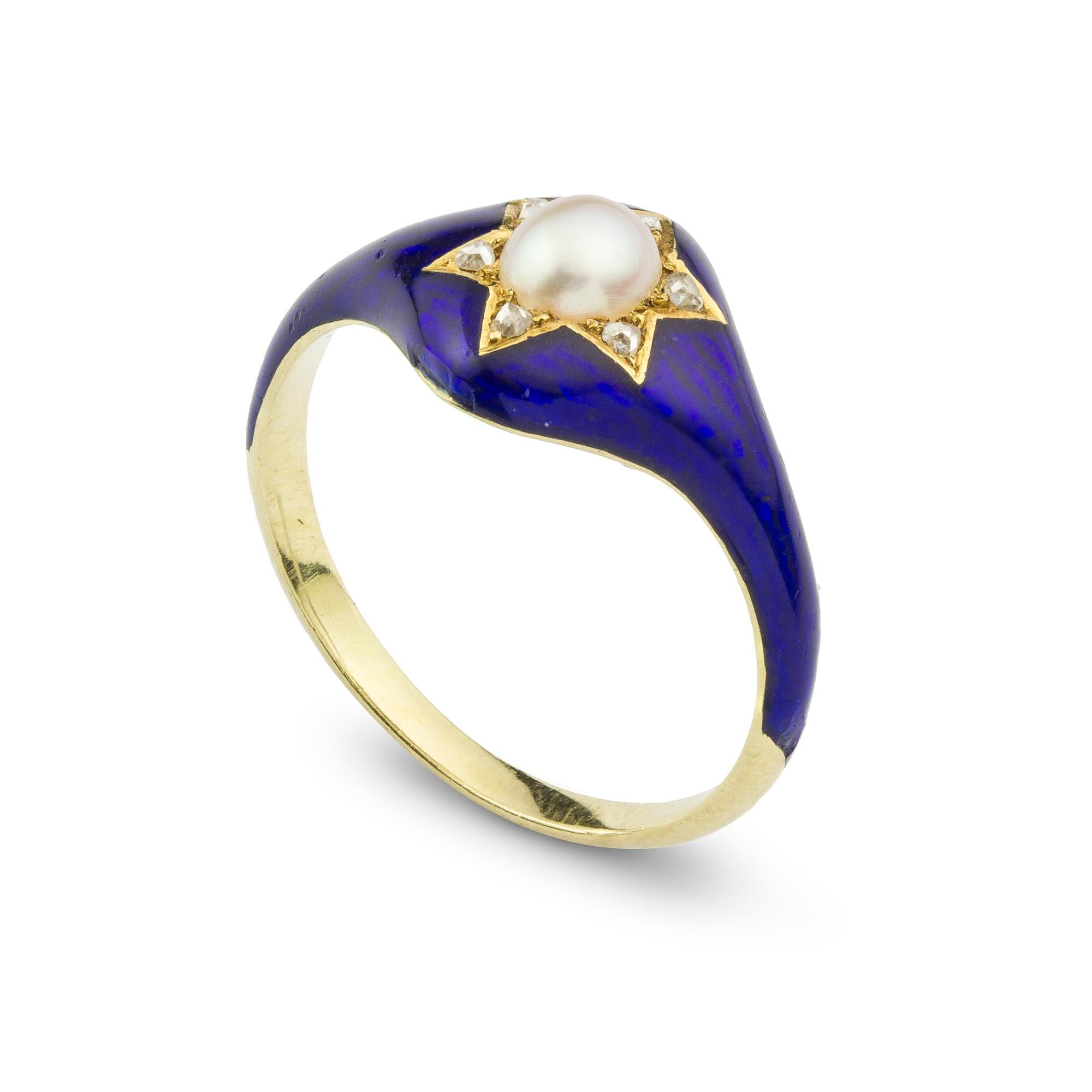 A Victorian gold mounted half pearl, diamond and blue enamel ring, the half pearl measuring approximately 4.4 x 5.1 mm, set to the centre of the star with rose diamond accents, in a blue enamel surround, circa 1850, gross weight 2.5 grams. Finger