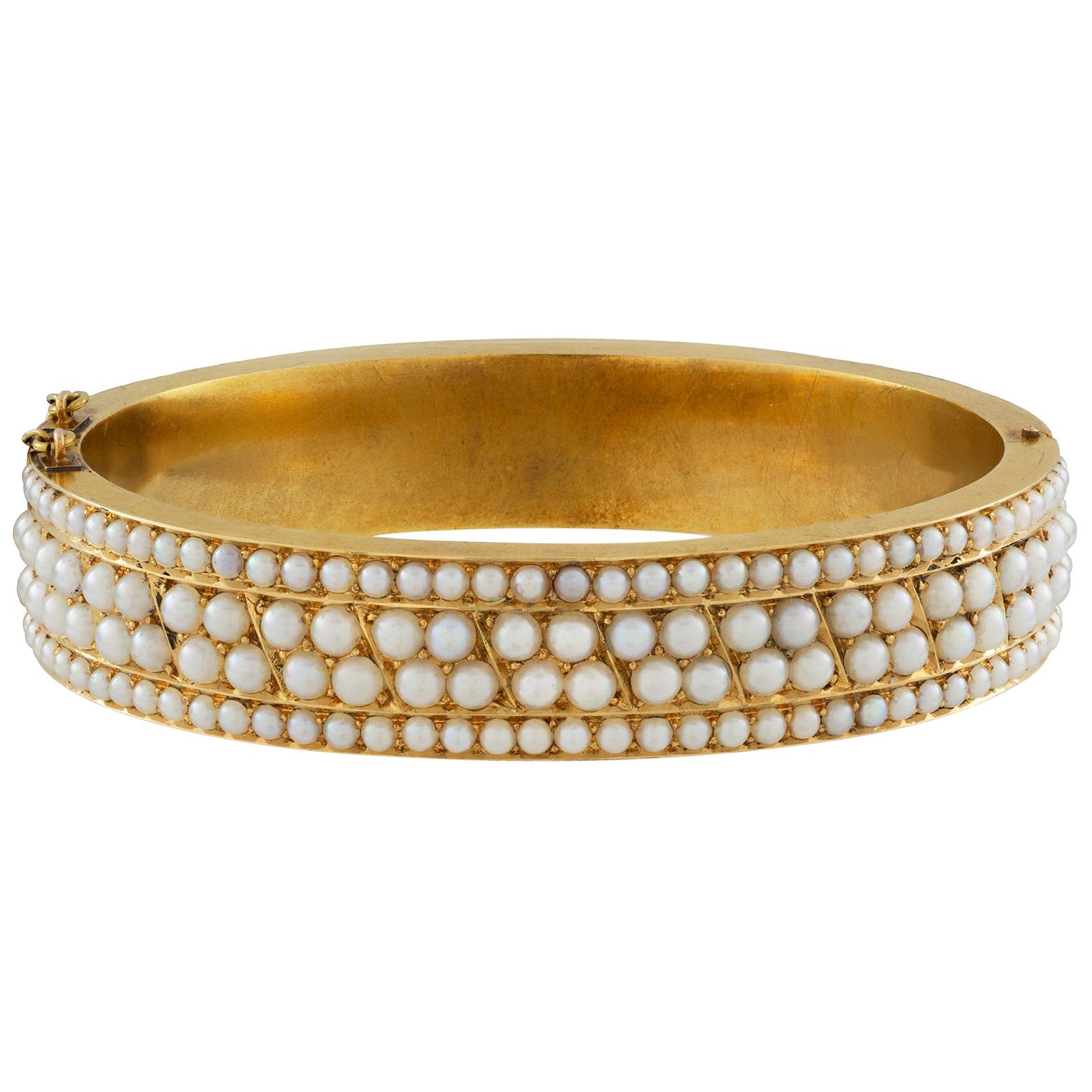 Victorian Half-Pearl Hinged Bangle For Sale