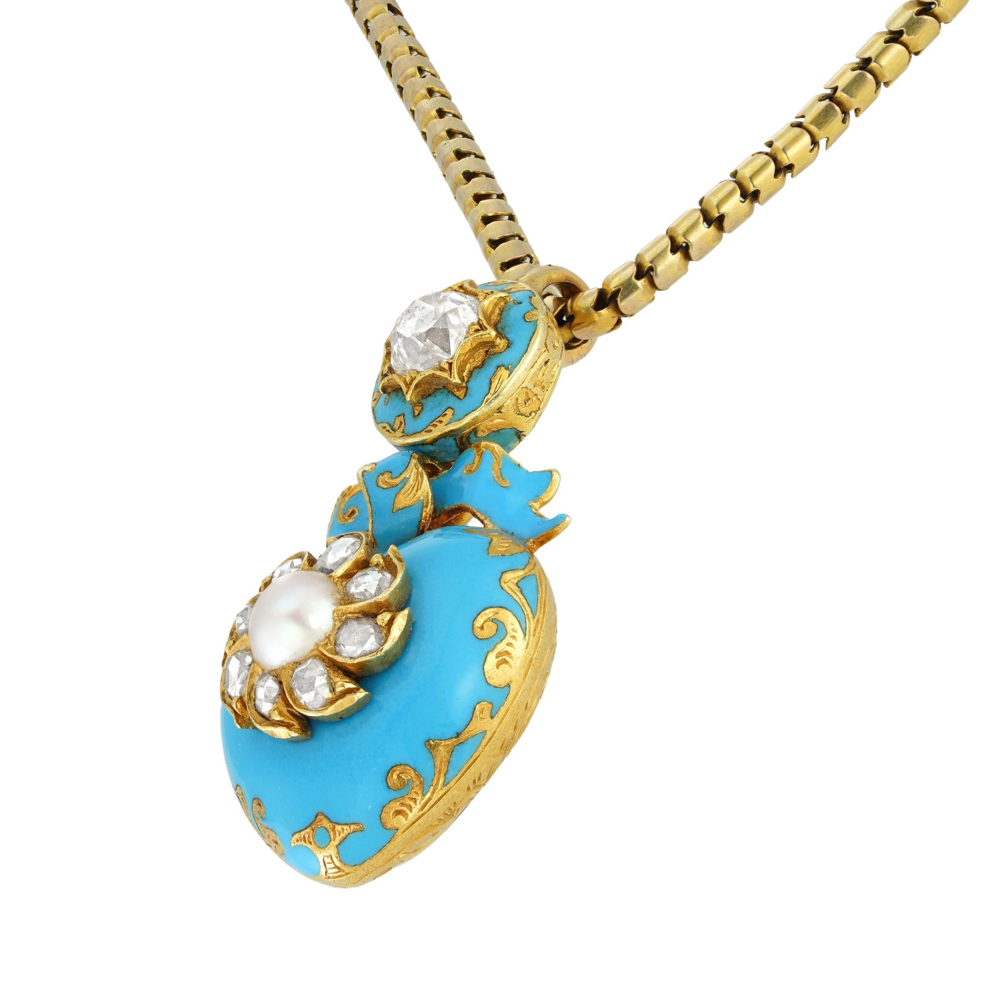 A Victorian heart-shaped blue enamel, pearl and diamond pendant-necklace, the heart-shaped locket centrally set with a round pearl surrounded by eight rose-cut diamonds on light-blue enamel background, suspended by a blue enamelled bow and a single