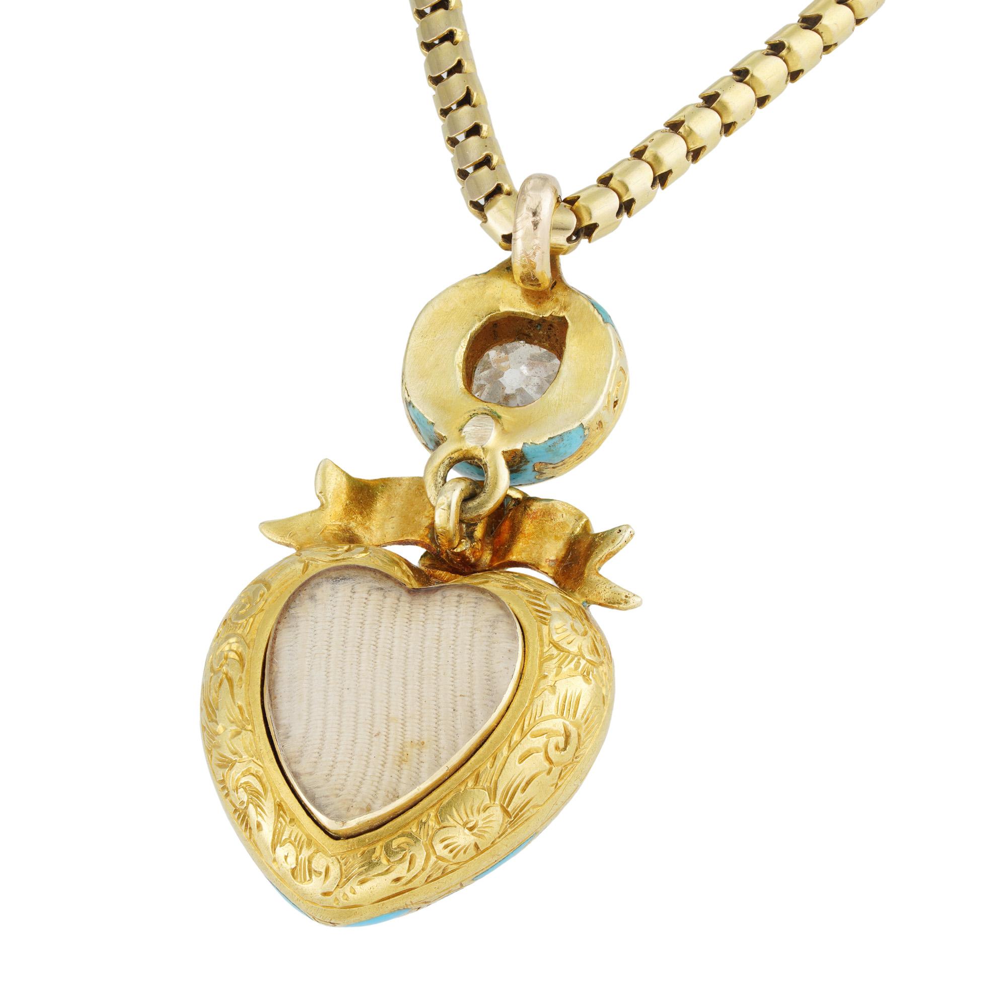 Old European Cut Victorian Heart-Shaped Blue Enamel Pendant-Necklace For Sale