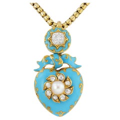 Pendentif victorien en forme de coeur en émail bleu