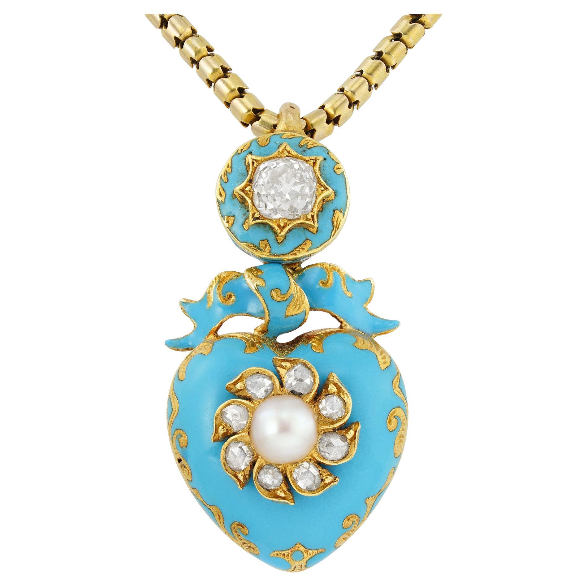 A Victorian heart-shaped blue enamel pendant-necklace For Sale